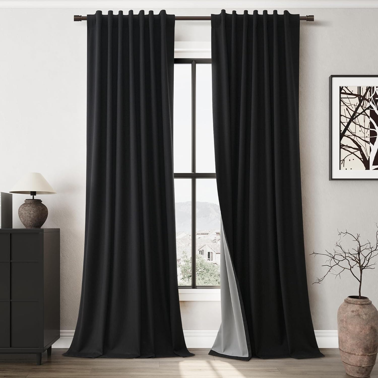 Joywell Black Blackout Curtains 84 inch Length 2 Panels Set Full Light Blocking Bedroom Living Room Darkening Thermal Insulated Curtains for Nursery Back Tab Clip Neutral Solid Window Drapes 7 FT