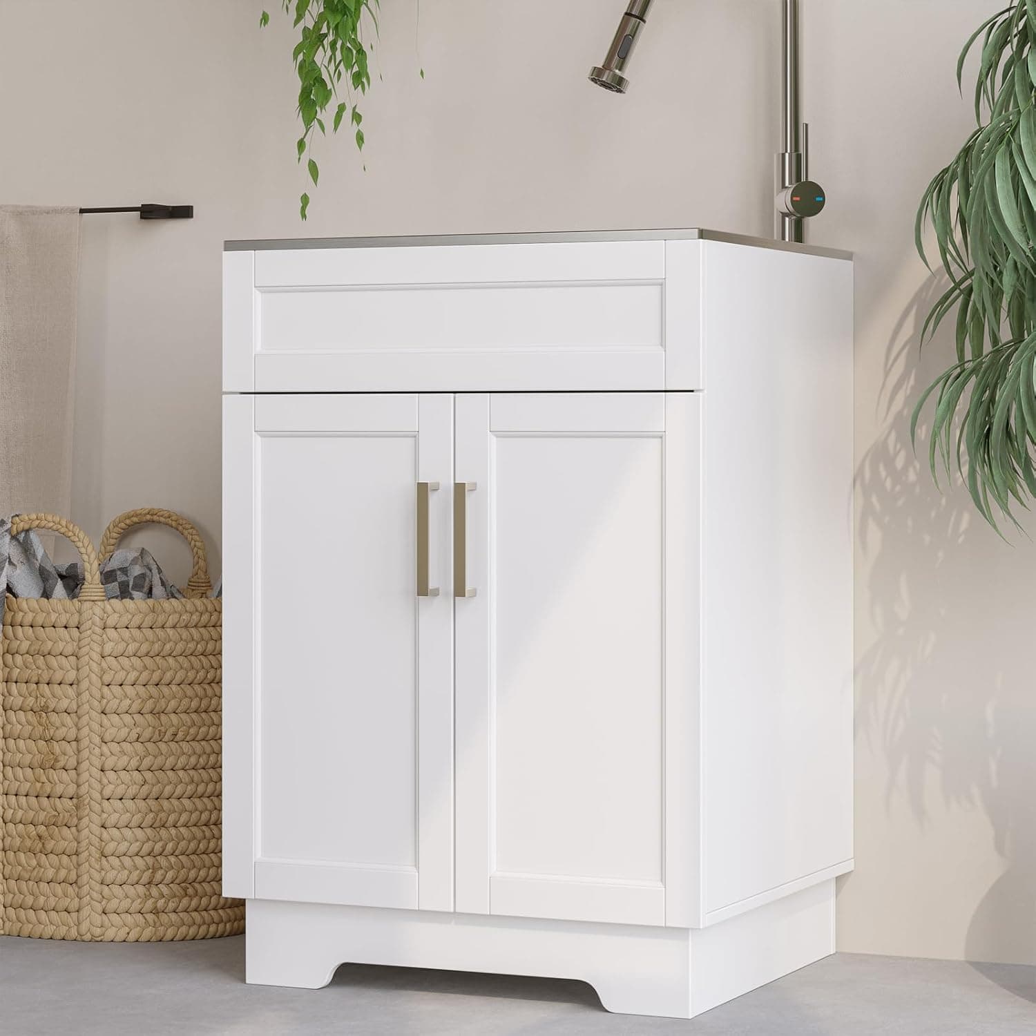 Laundry Sink Cabinet with Stainless Steel Sink and Pull-Down Faucet, 24 Inch Modern Utility Sink for Laundry Room, Kitchen, Garage and Bathroom - Adjustable Shelf, Freestanding Floor Mount, White