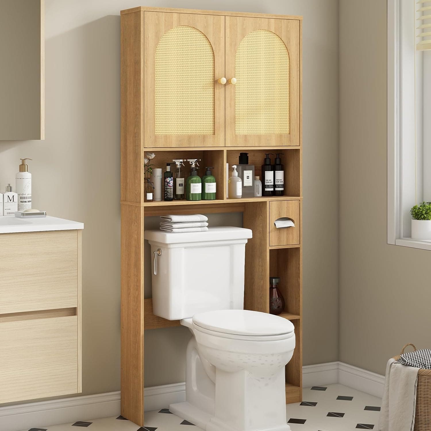 Vabches Over The Toilet Storage Cabinet with Rattan Double Doors & Toilet Paper Holder, Freestanding Shelf Space Saver, Anti-Tip Design, Natural Style