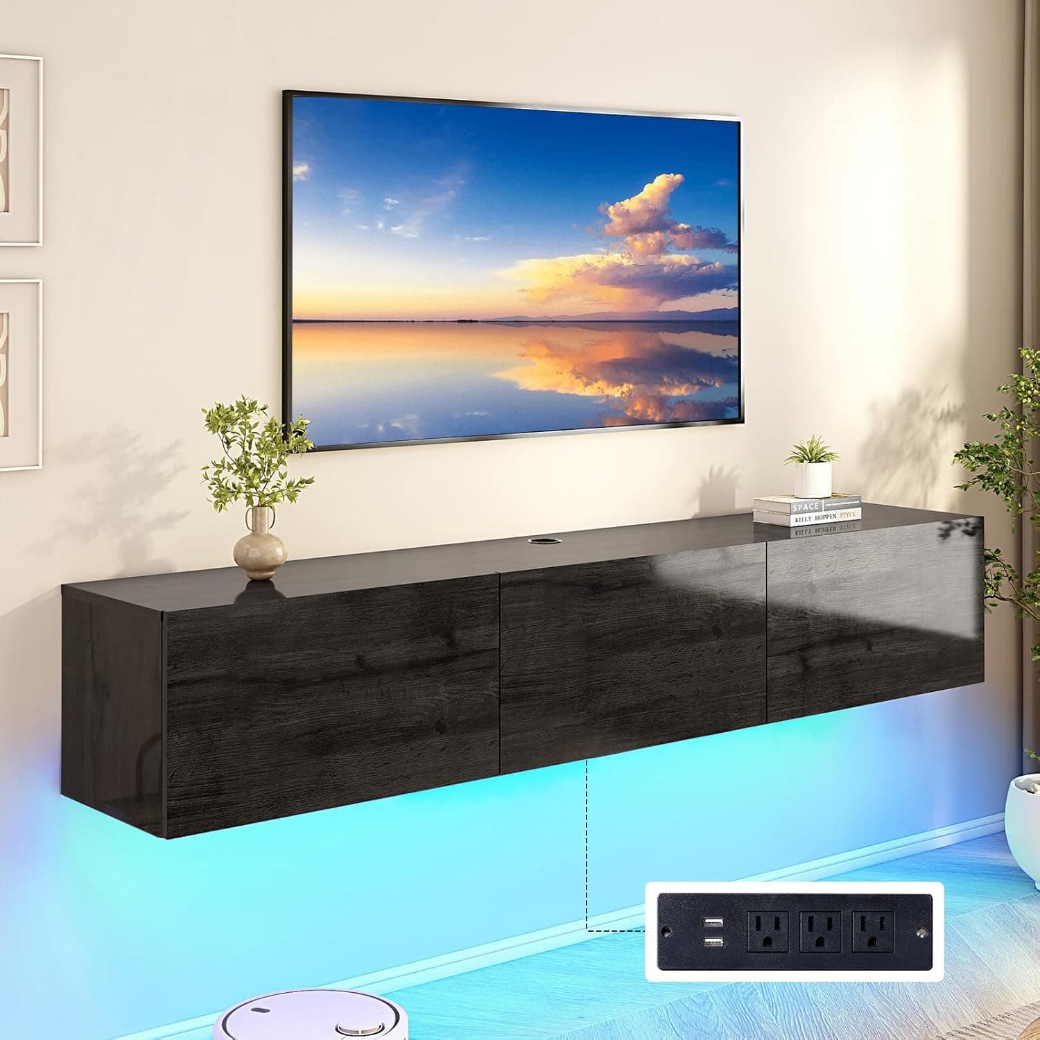 AMERLIFE 70" Floating TV Stand with LED Lights and Power Outlet, High Gloss Wooden Texture Wall Mounted Media Console Entertainment Center for TVs Up to 80", Black