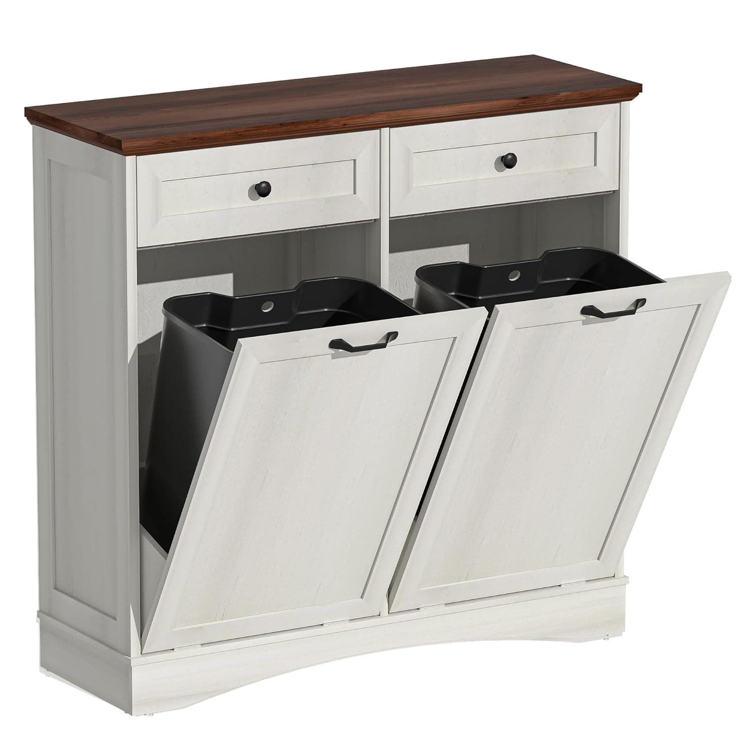 Tilt Out Trash Can Cabinet with Drawer, 26 Gallon Rustic Farmhouse Laundry Hamper Cabinet for Bathroom, Living Room, Kitchen (Antique White)