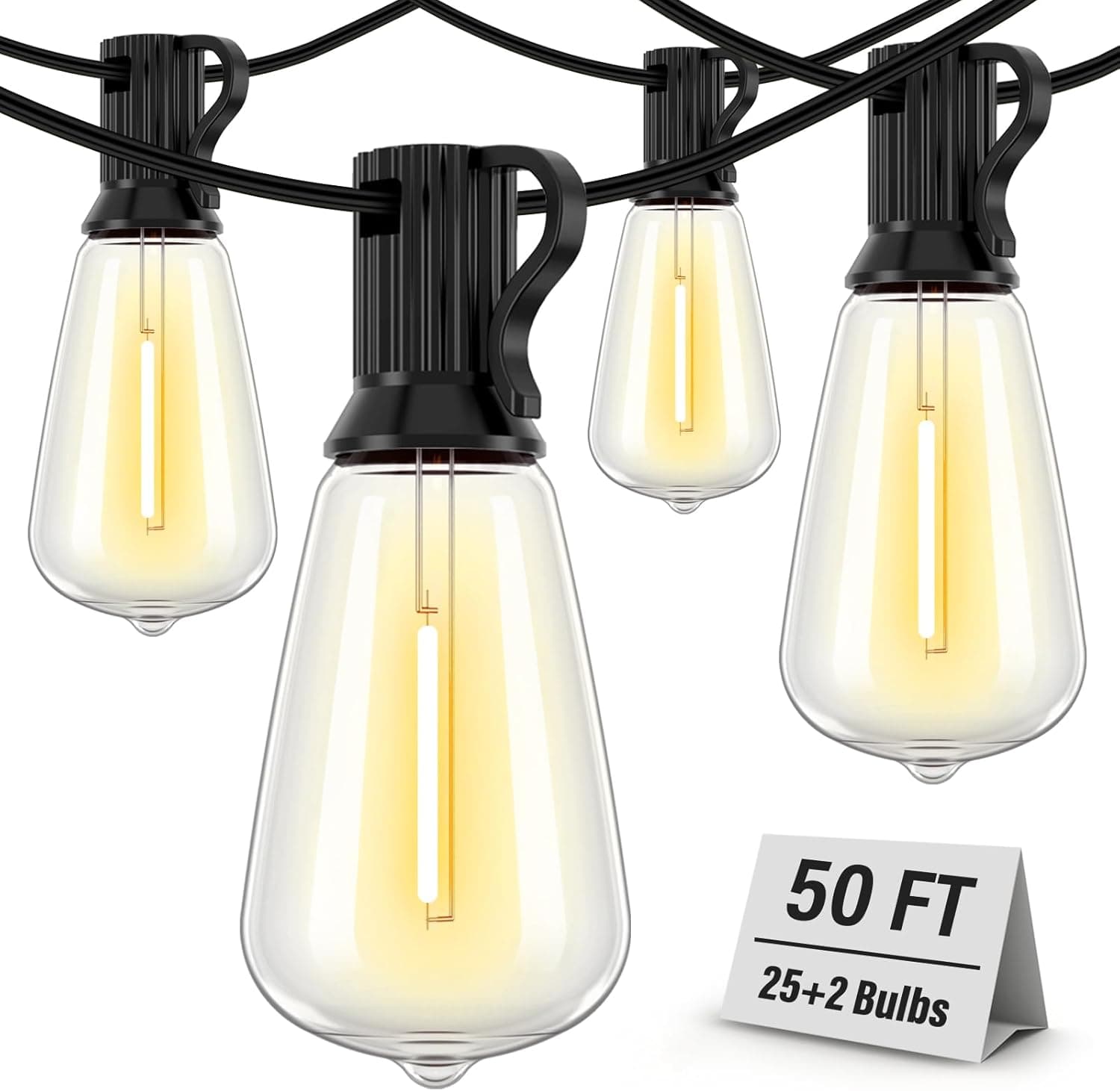 Outdoor String Lights Waterproof, 50FT Patio Lights with 26 ST38 Edison Bulbs (1 Sqare), Outside Hanging Decorative Lights for Porch, Blacony, Blackyard, Bistro, Garden, 2700K
