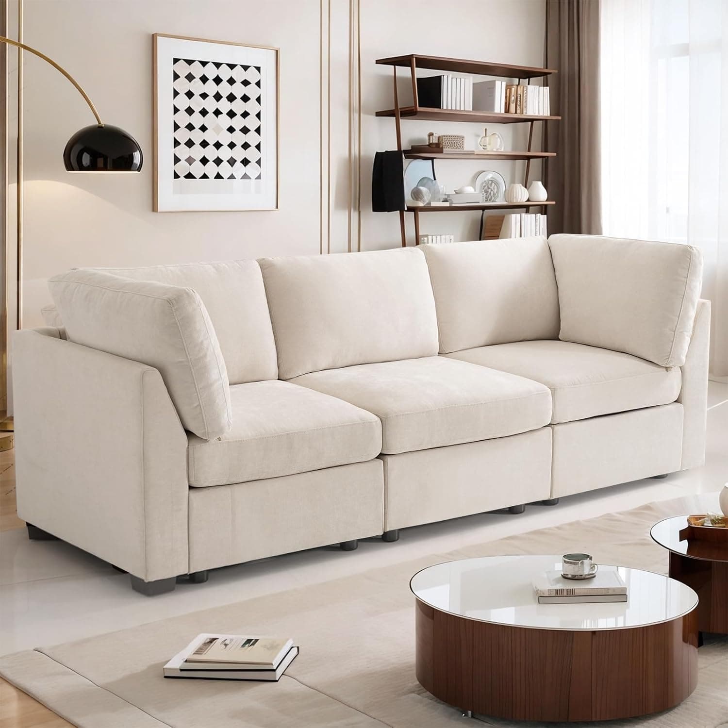 Oversized Modular Sectional Fabric Sofa Set, Large L Shaped Mordern Sofa Couch Reversible Chaise Modular Sectional Couches, 96 inch Width,3 Seat Modular Sofas, Beige,Linen