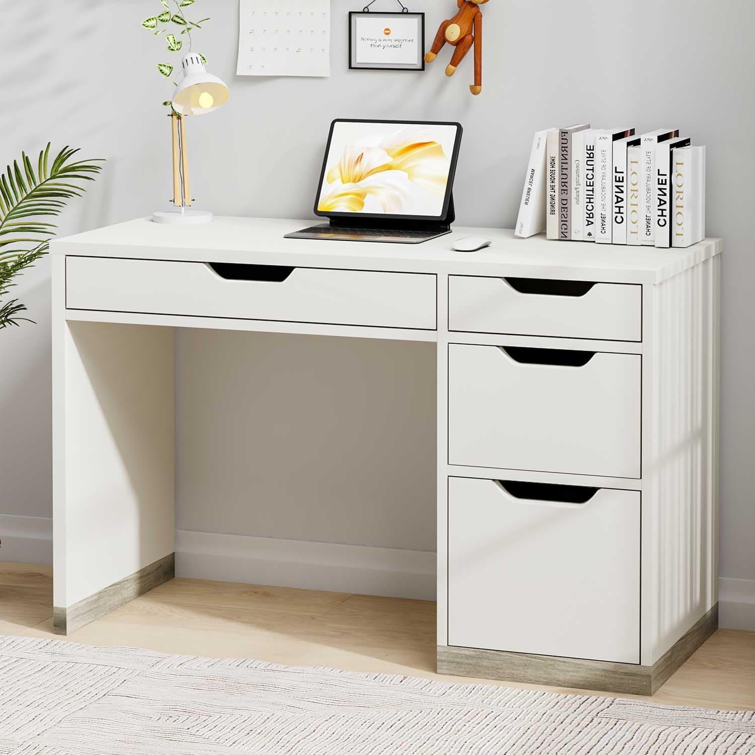 48 Inch White Desk with Drawers, Small Desk with 4 Storage Drawers for Kids, Computer Study Desk with Filing Drawers for Home Office