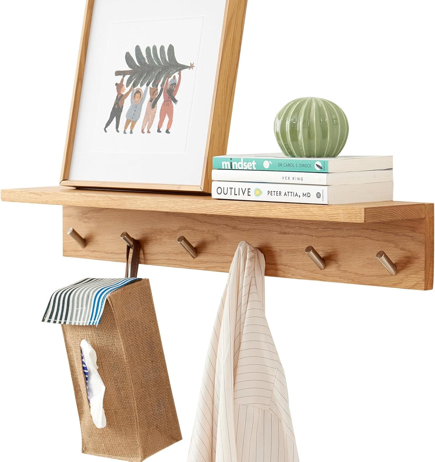 Wall Hooks with Shelf Oak Wood Coat Rack Shelf Wall Mounted, Entryway Shelves with 6 Metal Hangers for Clothes Hats Towel for Bathroom, Bedroom, Living Room (Natural, 27.5 inches)