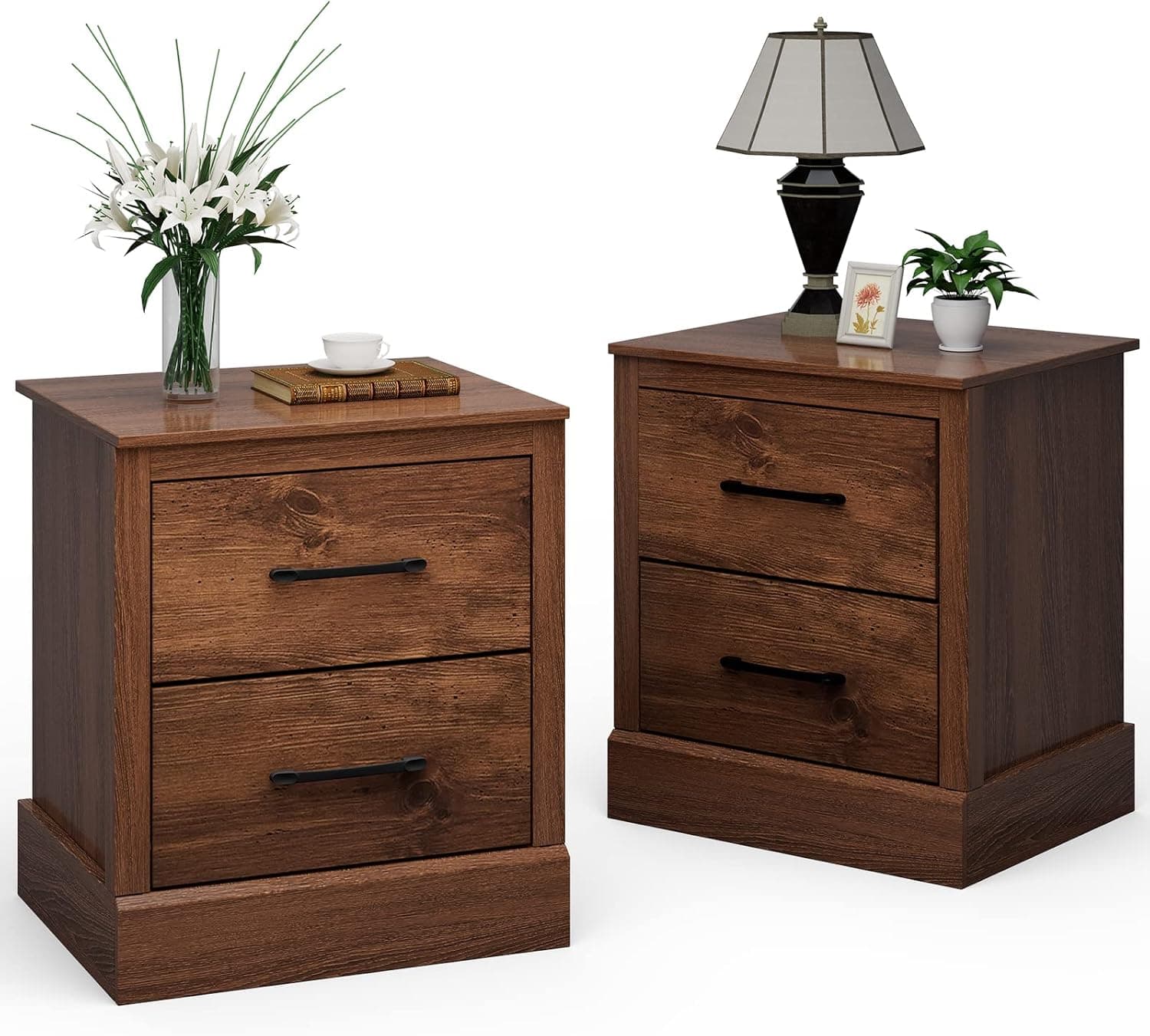 Giantex Farmhouse Nightstand Set of 2, Wood Bedside Table with 2 Storage Drawers, Compact Floor Night Stand, Walnut Accent Sofa Side Table for Bedroom