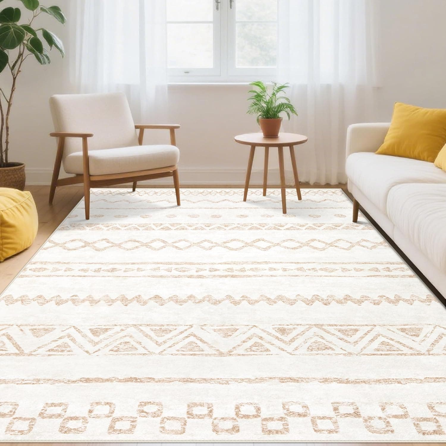 6x9 Area Rugs for Living Room: Washable Large Rug Modern Geometric Rugs Soft Non-Slip Indoor Floor Carpet Moroccan Farmhouse Rug for Bedroom Dining Room Nursery Offices (Beige, 6'x9')
