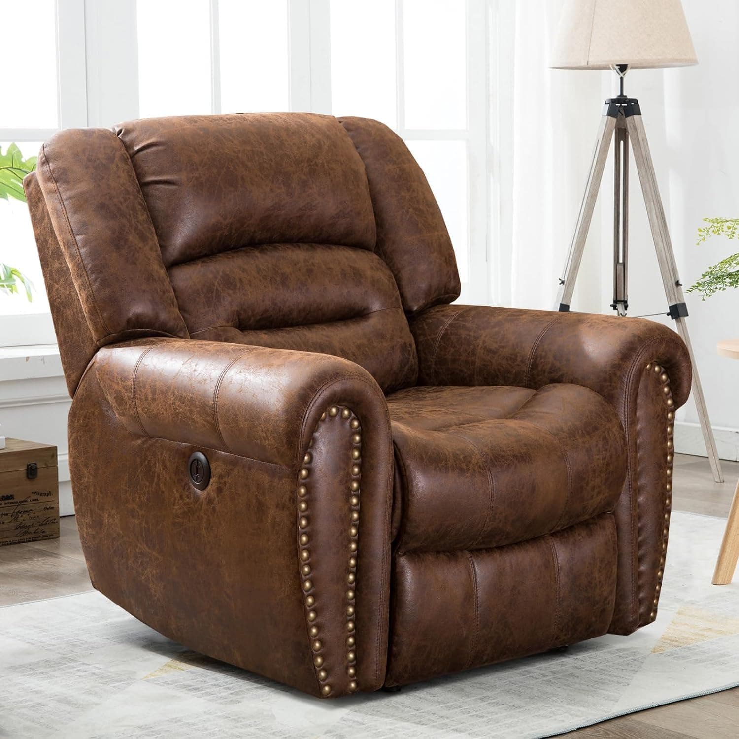 CANMOV Power Recliner Chair,Faux Leather Electric Recliner Chair with Padded Arms and Adjustable Backrest,Single Sofa with USB Charger for Living Room,Nut Brown