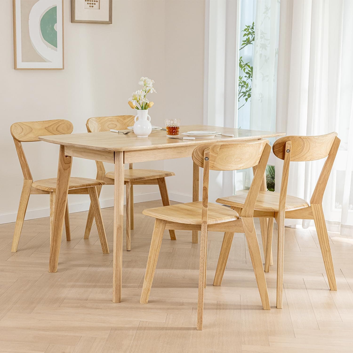 DELAVIN Solid Wood Dining Chairs Set of 4, Farmhouse Oak Wood Kitchen Chair, Mid Century Modern Dining Room Chairs, Natural