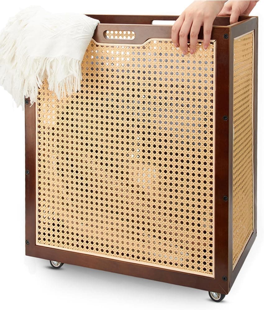 Laundry Hamper with Wheels,100L Large Dirty Clothes Hampers with Lid, Rolling Laundry Basket,Decorative Boho Rattan Laundry Basket for Bathroom,Nursery Room(Walnut)
