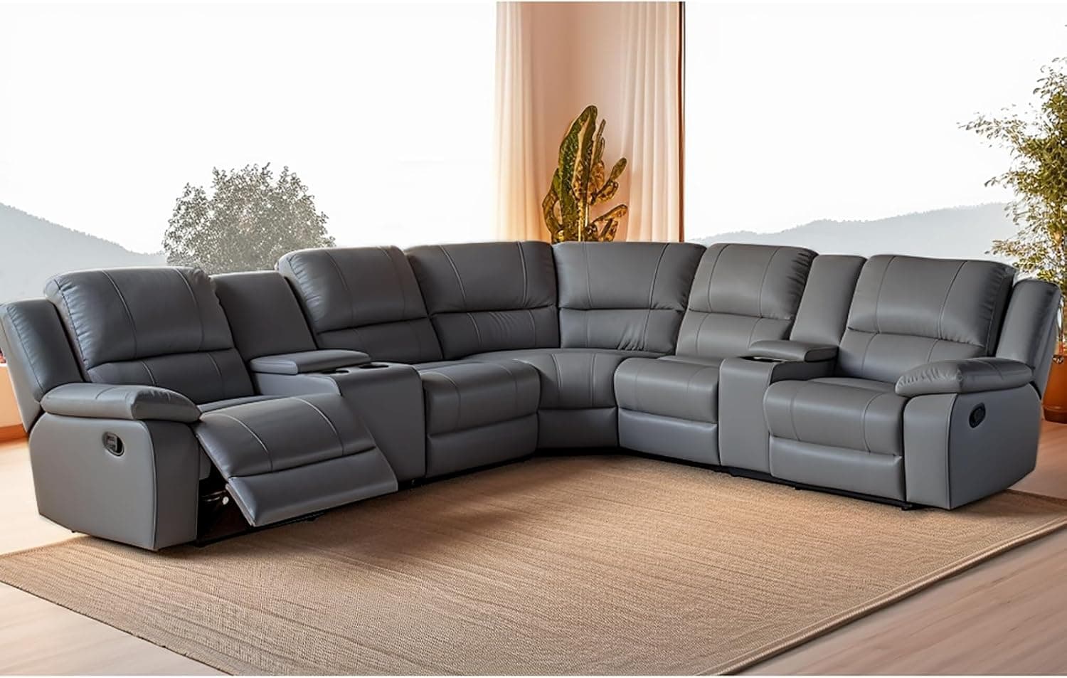 Modular Sectional Sofa PU Leather Manual Recliner Sofa Symmetrical Sectional Couches for Living Room Livingroom Furniture Sets, Grey