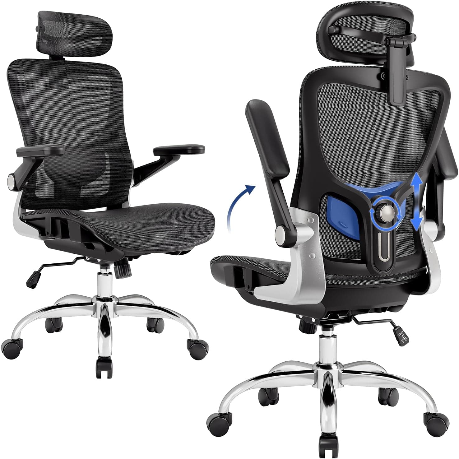Ergonomic Office Chair，Mesh Seat Cushion with 3D Armrests and 3D Headrest, Adjustable Lumbar Support with Rocking Function, SGS Class 4 Gas Clylinder，Black