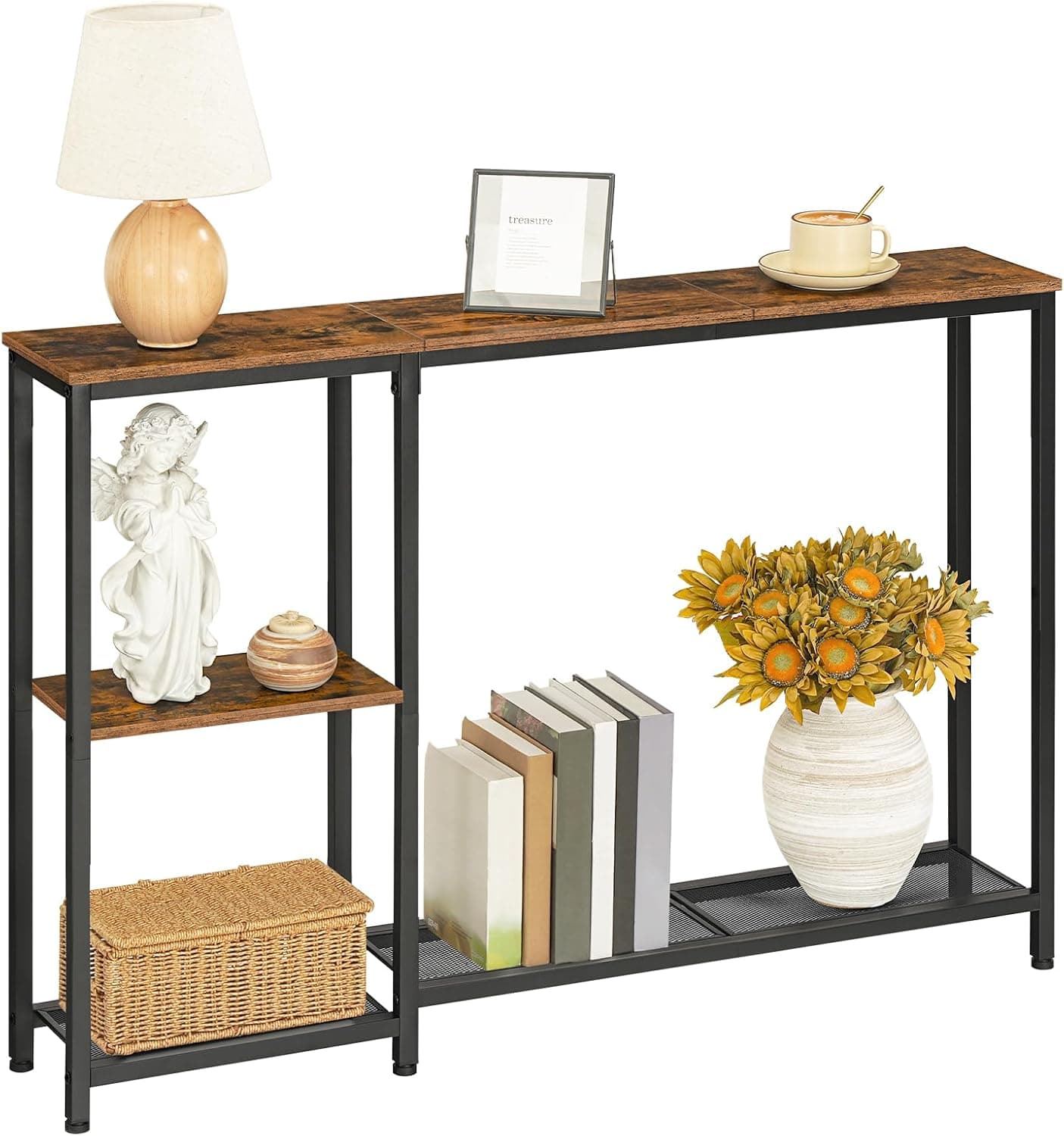 HOOBRO Narrow Console Table, 44.9" Behind Sofa Table with Shelves, Slim Couch Table with Storage, Entryway Display Shelf, for Living Room, Foyer, Hallway, Rustic Brown and Black BF86XG01