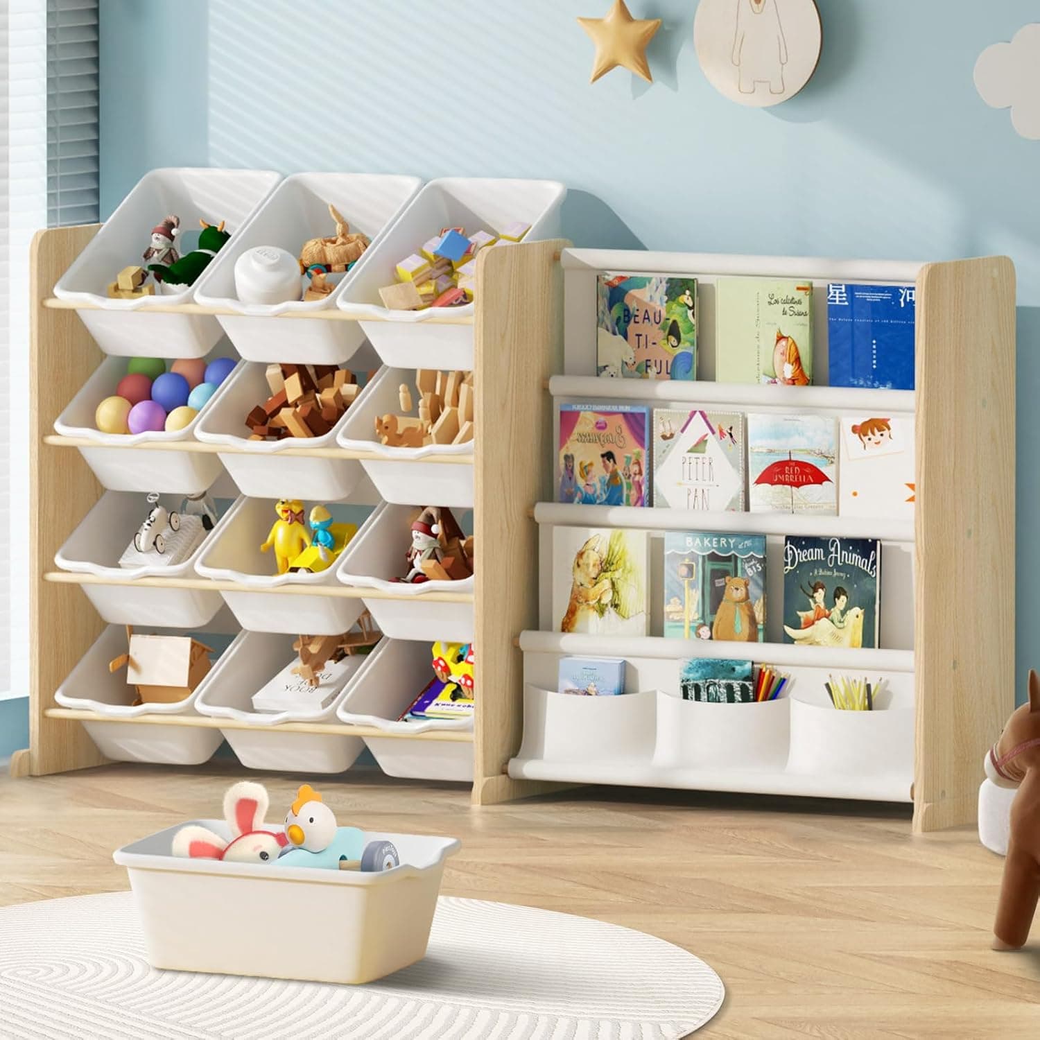 Kids Toy Storage Organizer - Toy Organizer with Bookshelf, Toy Storage with 12 Toy White Bins and 4 Book Shelves, Toy Organizers and Storage for Playroom, Nursery, Kids Room, Burlywood