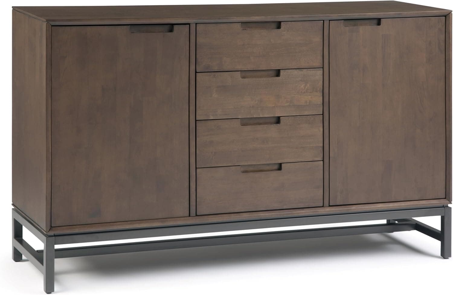 SIMPLIHOME Banting Buffet - 60 inch Wide Solid Hardwood 3-Door Sideboard Buffet in Walnut Brown, Industrial Storage Cabinet for Dining Room or Kitchen with Center Drawers and Metal Base