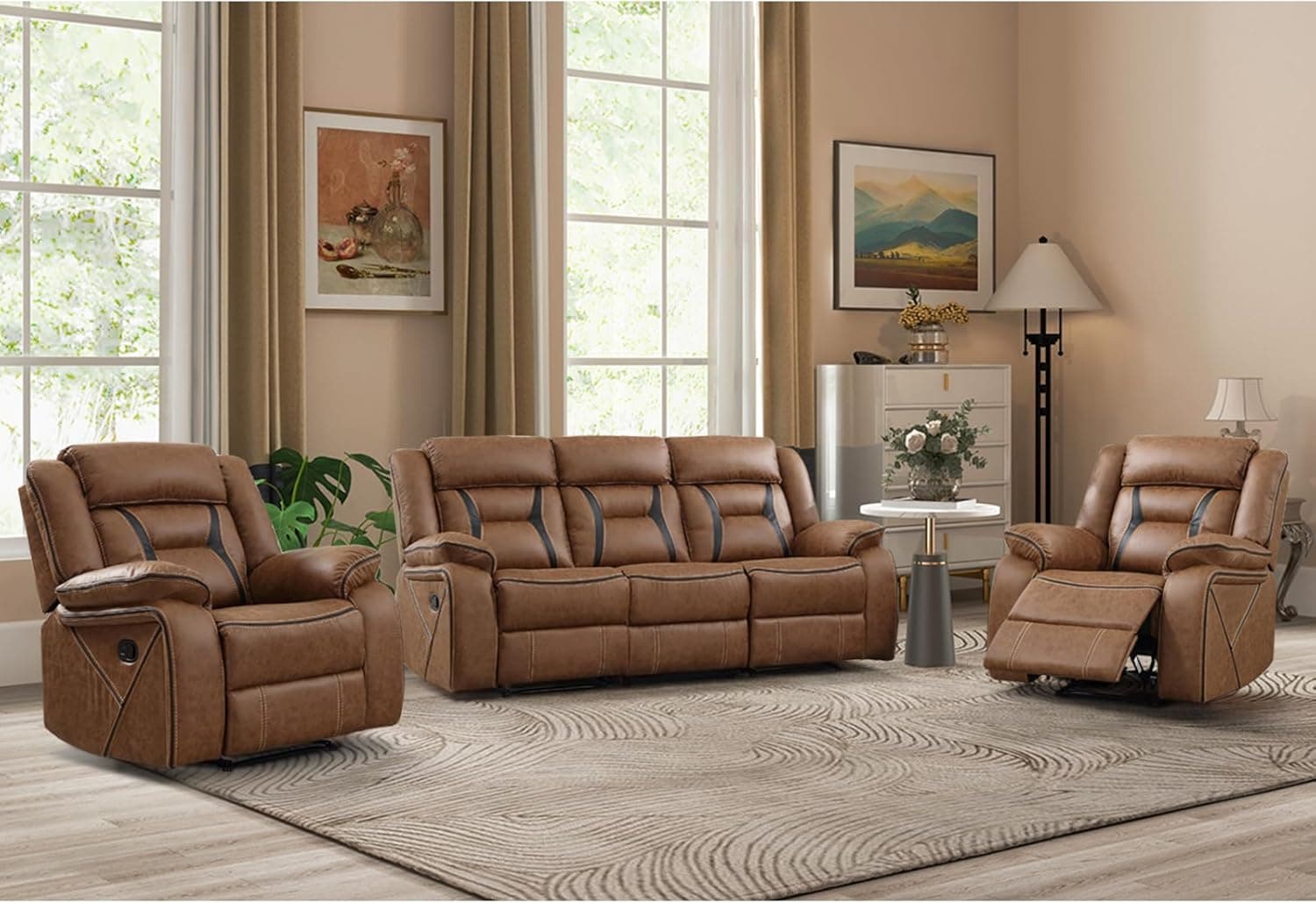 EBELLO Faux Leather Recliner Sofa Furniture Set for Living Room, 2 Recliner Chairs, 3 Seat Reclining Sofa Couch Set for Meeting Room, Brown