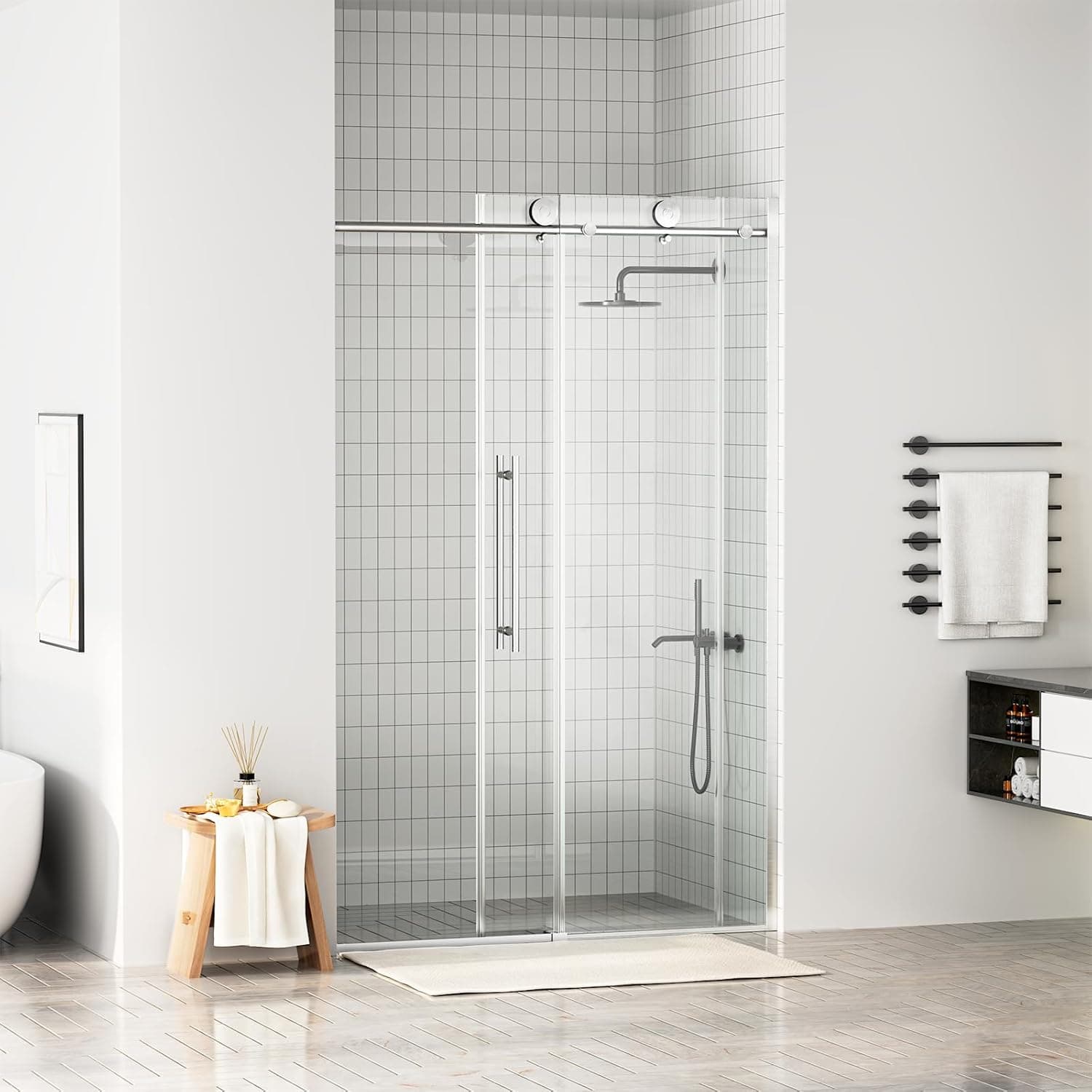 WinZo Frameless Shower Door 44-48 in W x 75 in H, Sliding Shower Door with 5/16"(8mm) Clear Tempered Glass Shower Door, Easy to Clean Bathroom, Silent Soft-Close Design, Brushed Nickel