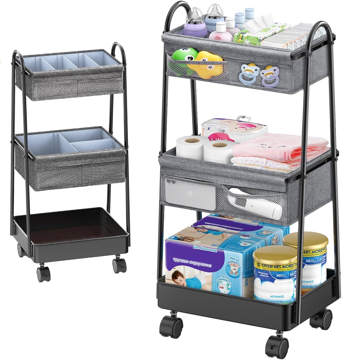 3 Tier Rolling Cart - Baby Diaper Caddy Organizer, 3 Tier Utility Cart Newborn Baby Nursery Essentials, Large Capacity, Easy to Assemble, Storage for Bedroom, Changing Table & Crib