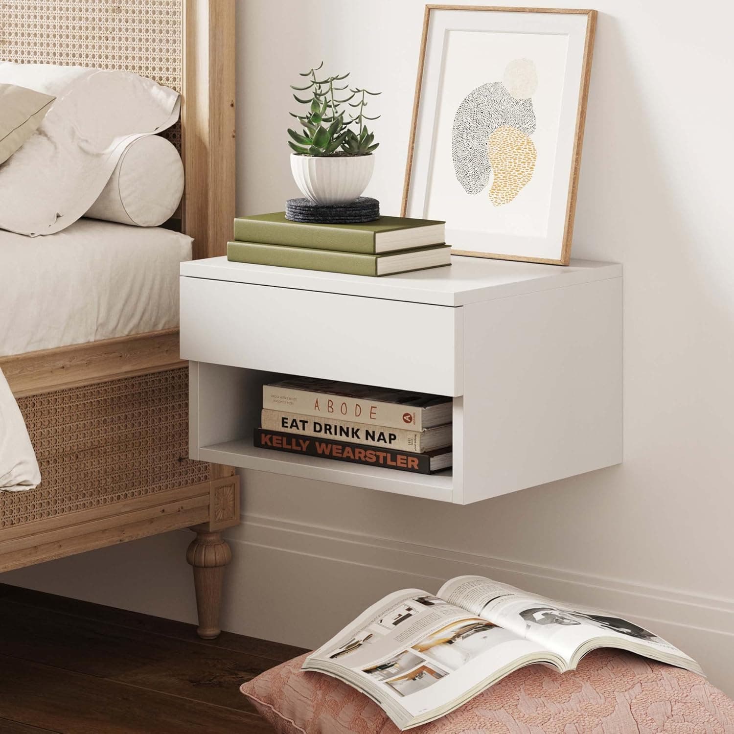 Nathan James Wall Mounted Floating Bedroom Nightstand with Storage Drawer and Modern Open Shelf Cubby, White