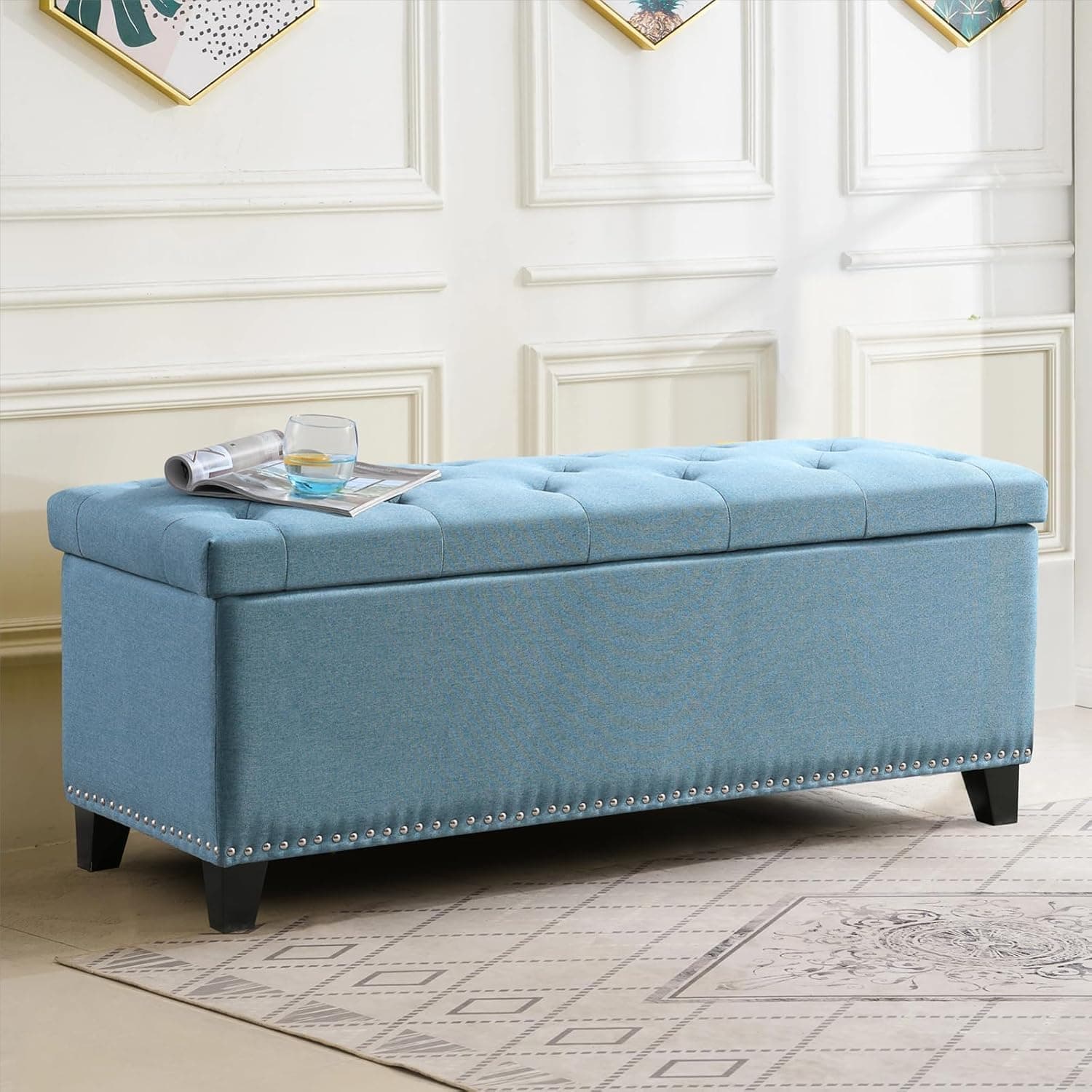 48 Inches Storage Ottoman Bench, Upholstered Button-Tufted Style with Rivets for Bedroom, Living Room, Entryway and End of Bed, Light Blue