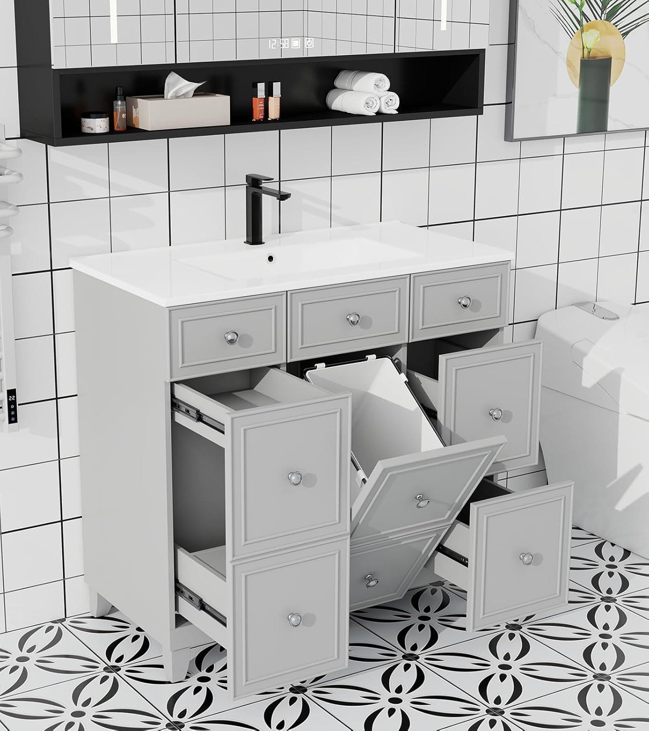 YOURLITE 36" Bathroom Vanity with Single Sink, Painted Surface Solid Wood Frame Bathroom Vanities with 3 Drawers & Tip-Out Drawer & Fabric Storage, Modern Bathroom Sink Cabinet with Ceramic Sink