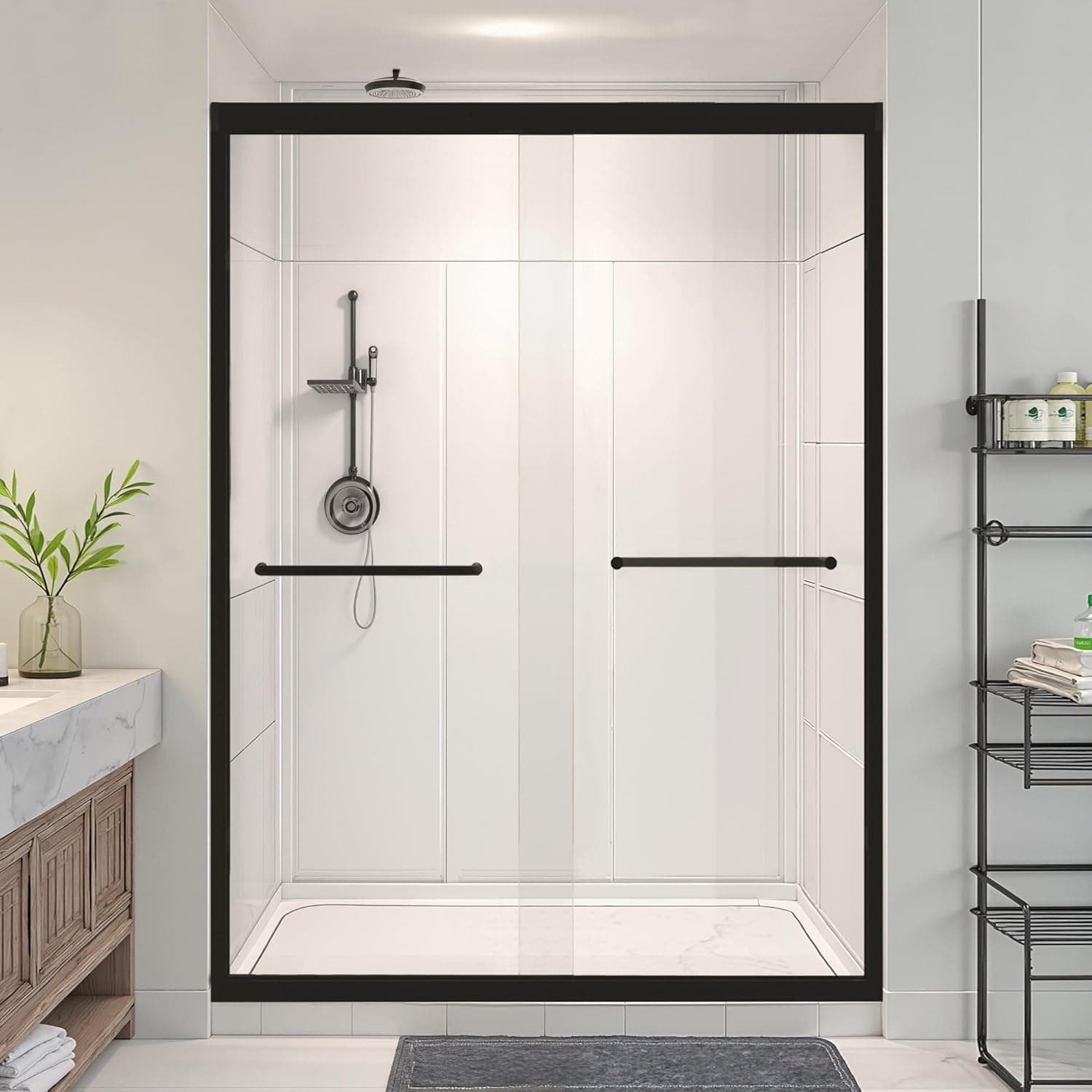 Shower Door 44-48 in. W x 72 in. H Semi-Frameless Double Sliding Shower Glass Door with 1/4" (6mm) Thick SGCC Tempered Glass and Stainless Steel Handle for Bathroom, Matte Black