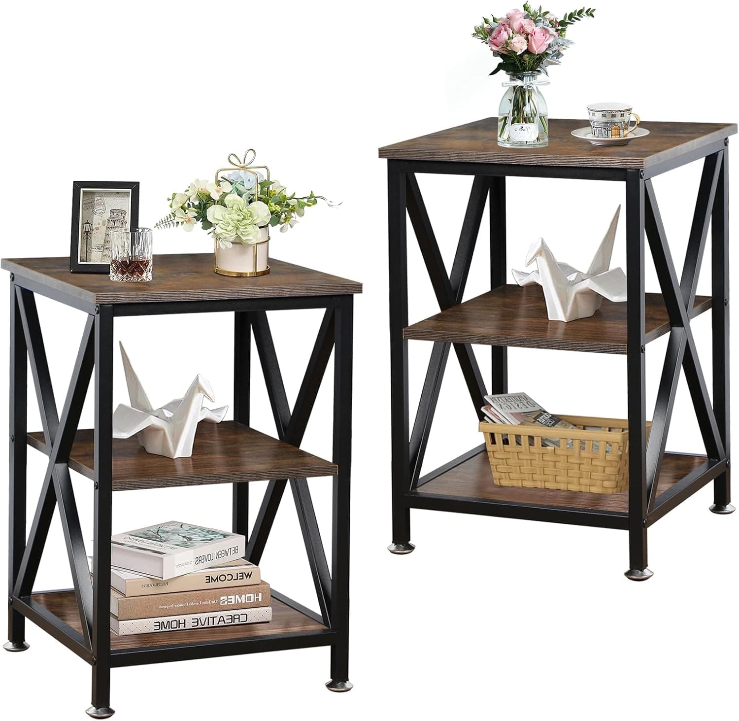 End Tables Living Room Set of 2, 16" D x 16" W x 24" H, Indoor End Tables Living Room with Storage Shelf, Square End Table Set of 2, X-Shaped Night Stands for Bedroom, Farmhouse Wood Side Tables