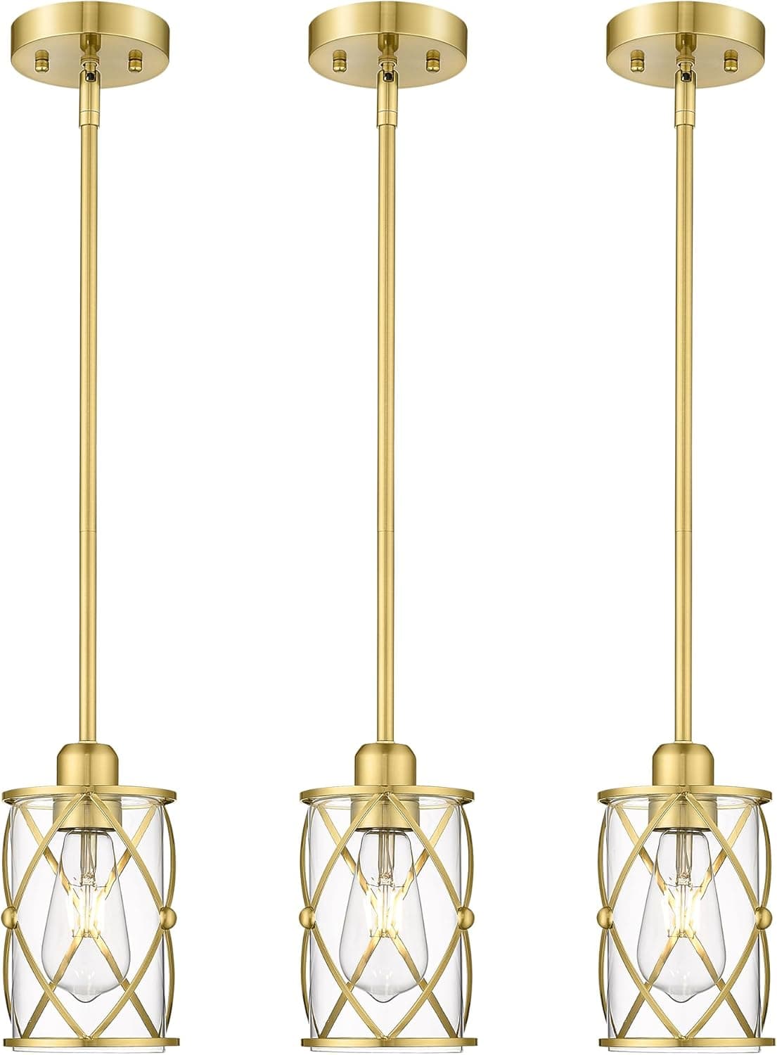 Brushed Gold Pendant Lights Kitchen Island 3 Pack, Glass Kitchen Pendant Lighting Over Island with Rod, Modern Mini Hanging Light for Kitchen Sink Dining Room, CH9176BG-3PK