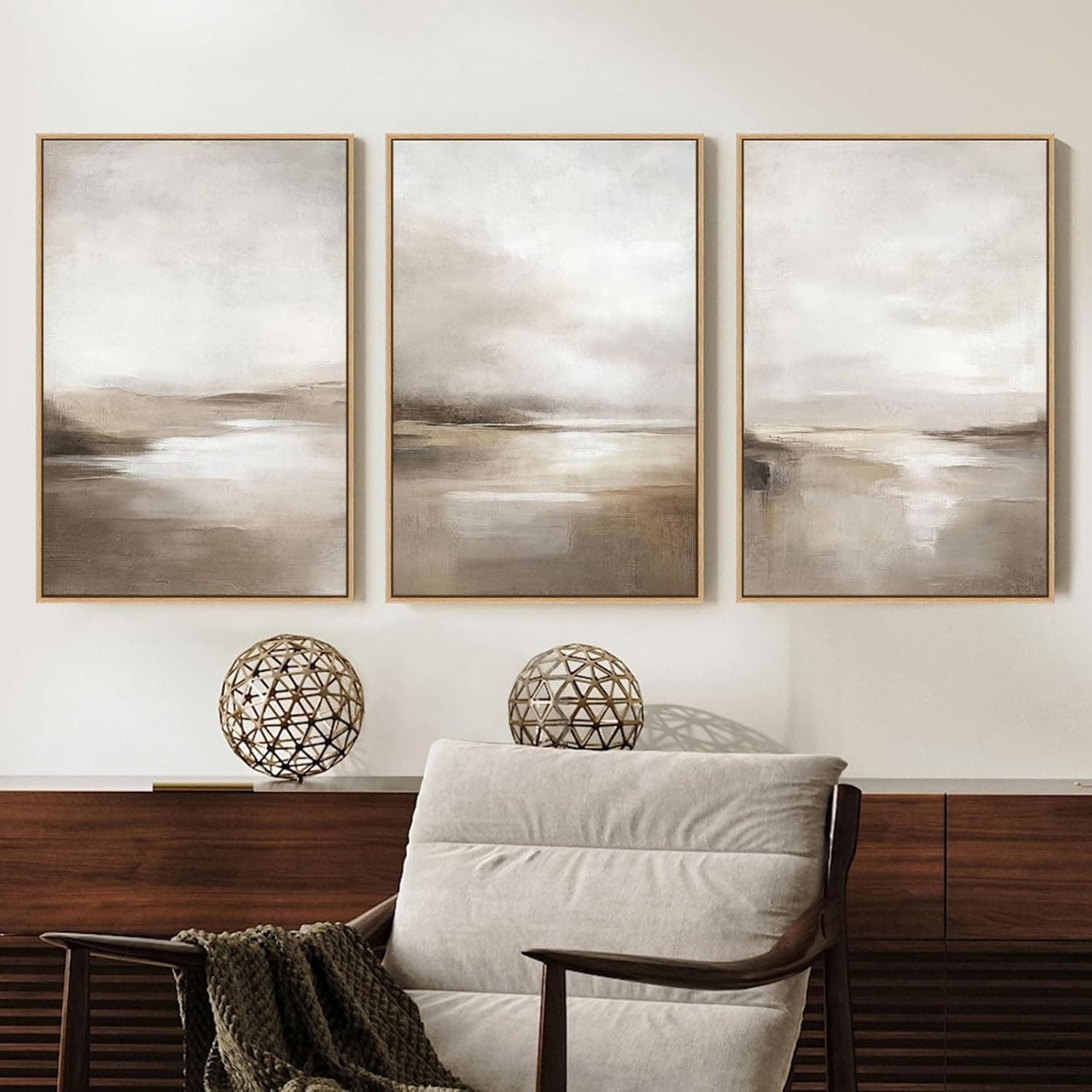 SAFERRYHOME Neutral Abstract Wall Art - Minimalist Framed Canvas Print Set, Landscape Shapes Abstract Illustrations Modern Nordic Calm Decor for Living Room, Bedroom, Bathroom - 3 Panels 24x36 Inch