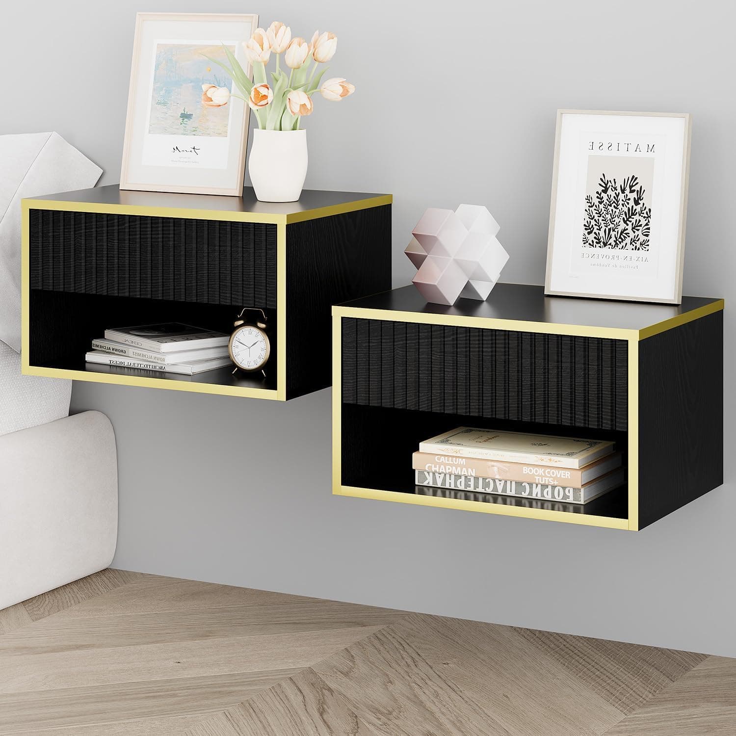 4ever2buy Floating Nightstand Set of 2, Modern Wall Mounted Nightstand with Open Shelf and Fluted Drawer, Black and Gold Night Stand for Bedroom, (Black, 2)
