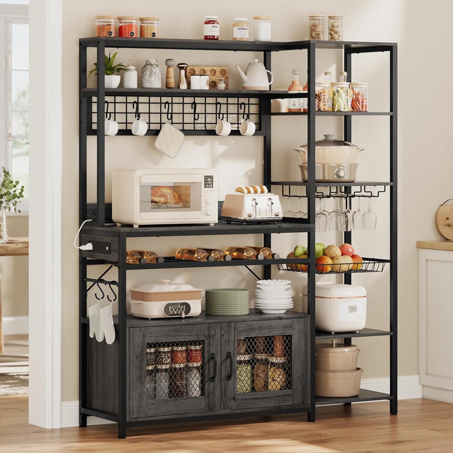 Bakers Rack with Power Outlet, 47.2in Microwave Stand with Storage Shelves, Coffee Bar with Cabinet, Kitchen Pantry Hutch, Side Hooks, Wine Rack, Goblet Holder, Wire Basket(Grey, Medium)