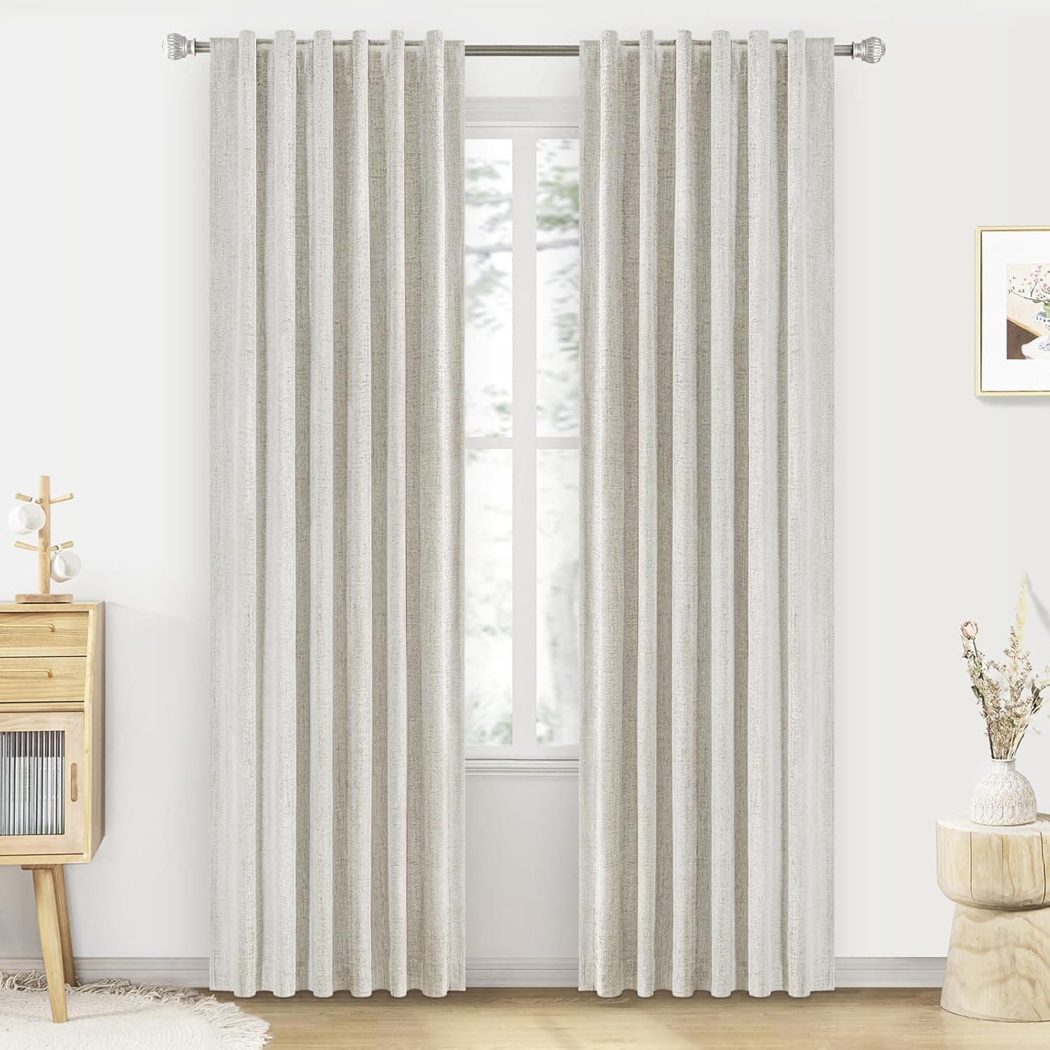 Cream Linen 100% Blackout Curtains 84 Inches Long 2 Panels Set for Living Room Bedroom Back Tab Thermal Insulated Black Out Linen Drapes Room Darkening Window Curtains