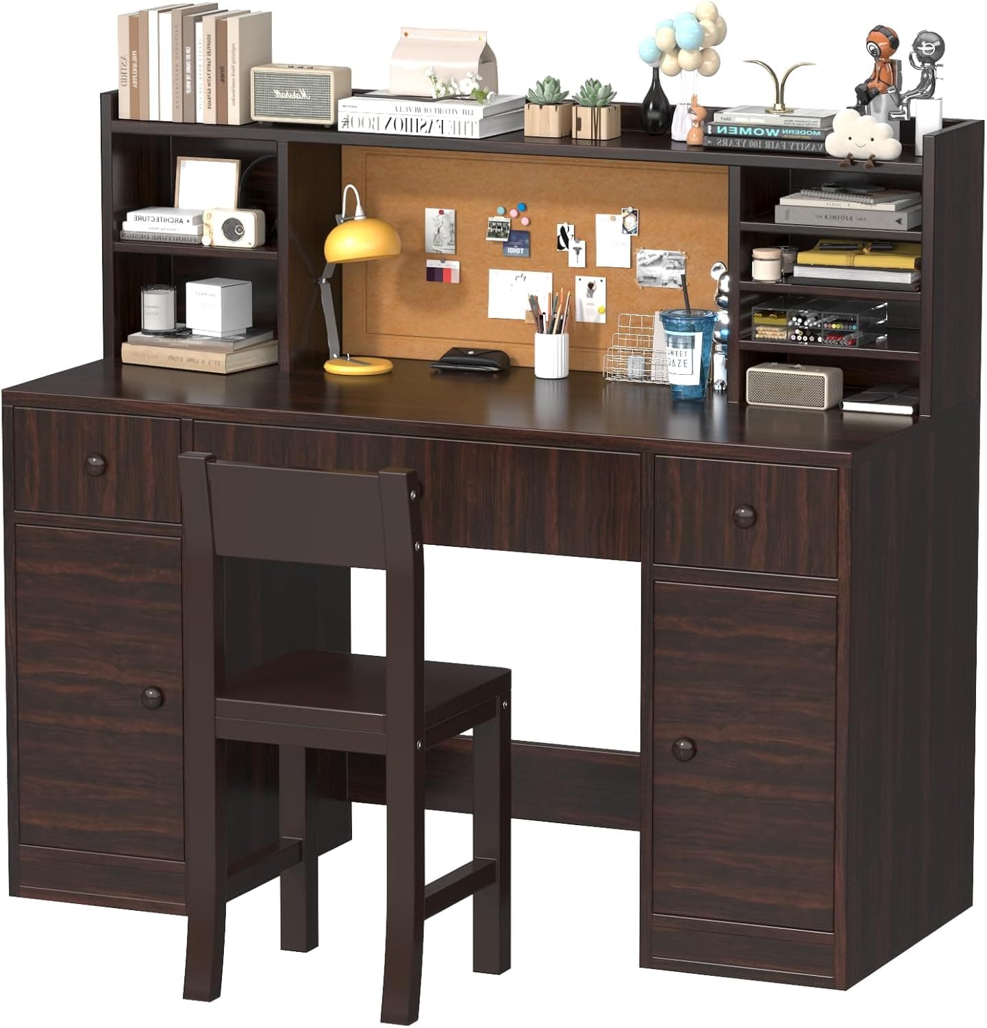 Espresso Wooden Kids Desk and Chair Set,48"*20" Kids Study Desk with Large Storage Cabinet,Kids Study Table and Chair Set with 3 Drawers & 4 Cabinets,Girls Study Desk for Kid for Bedroom-Wj1yCQ