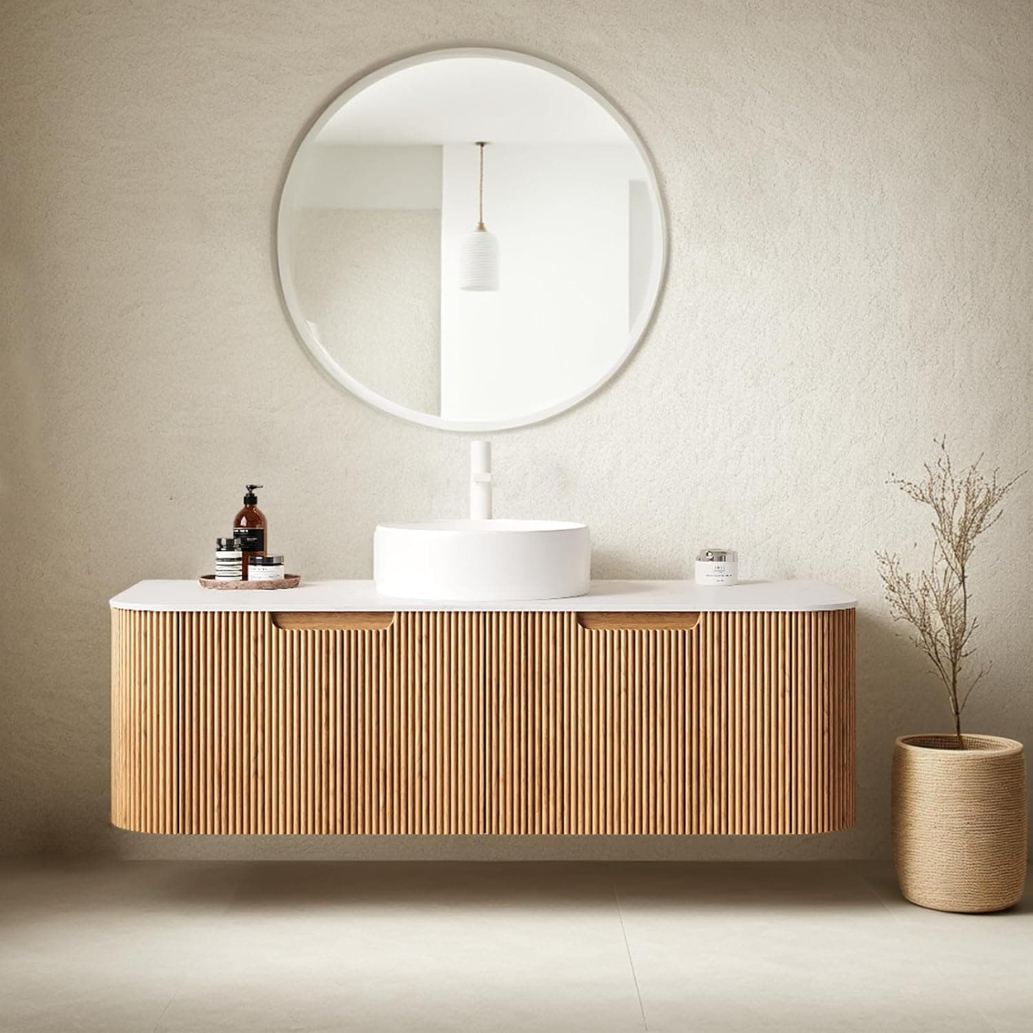 48" Bathroom Vanity with Sink, Floating Plywood Bathroom Vanities with Ultra-Thin Ceramic Basin and Marble Top, 2 Large Soft-Closing Storage Drawers, Pre-Assembled Cabinet, Nature Wood