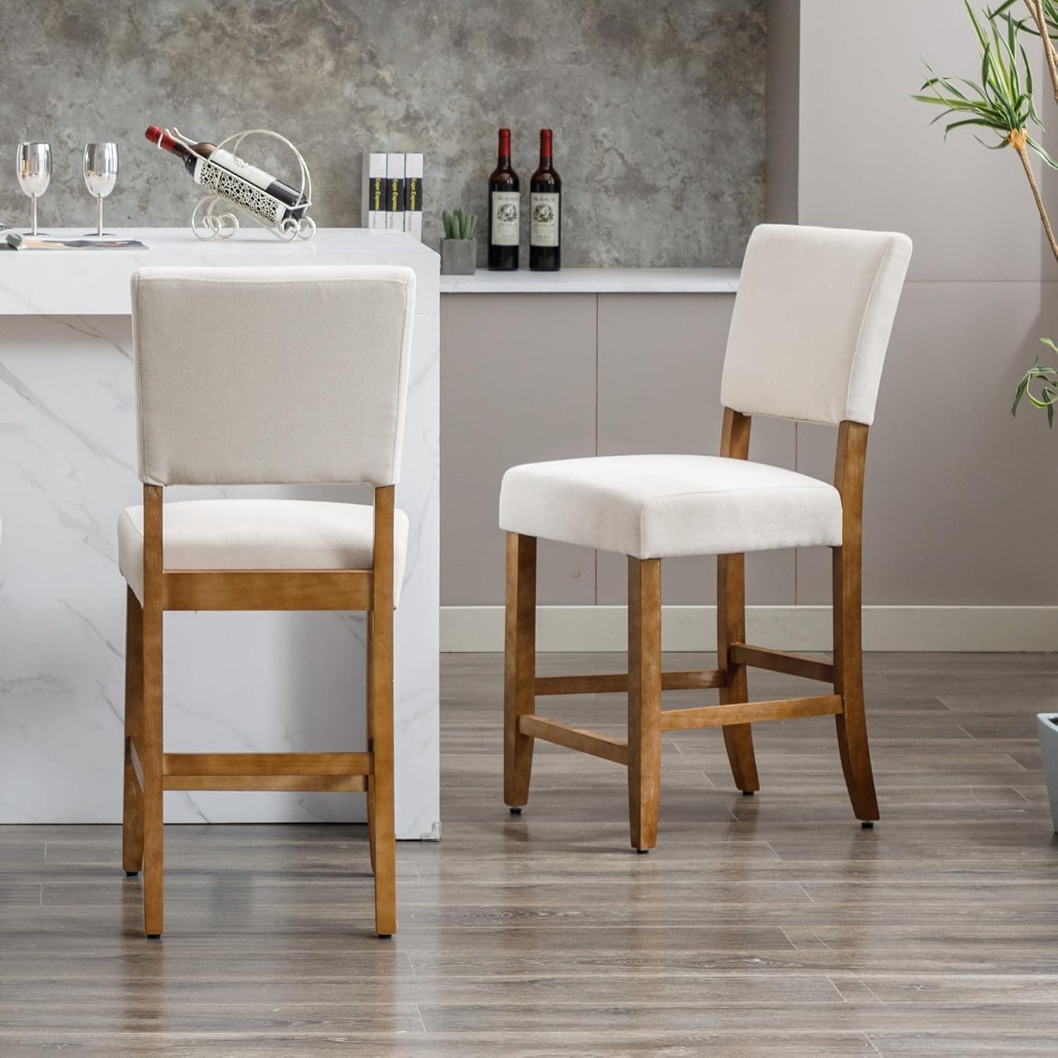 DAGONHIL 24 Inches Counter Height Bar Stools Set of 2, Upholstered Barstools with Wood Legs, Island Chairs for Kitchen Counter, Towel Cloth (Beige)