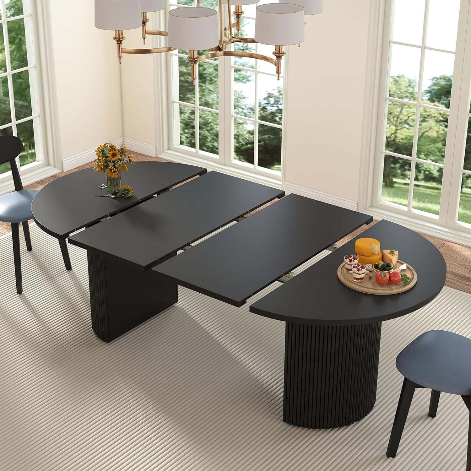 41 in-78 in Extendable Dining Room Table for 4-8, Round Expandable Kitchen Table with Fluted Base, Modern Oval Dinner Tables for Dining Room Kitchen Living Room (Black)