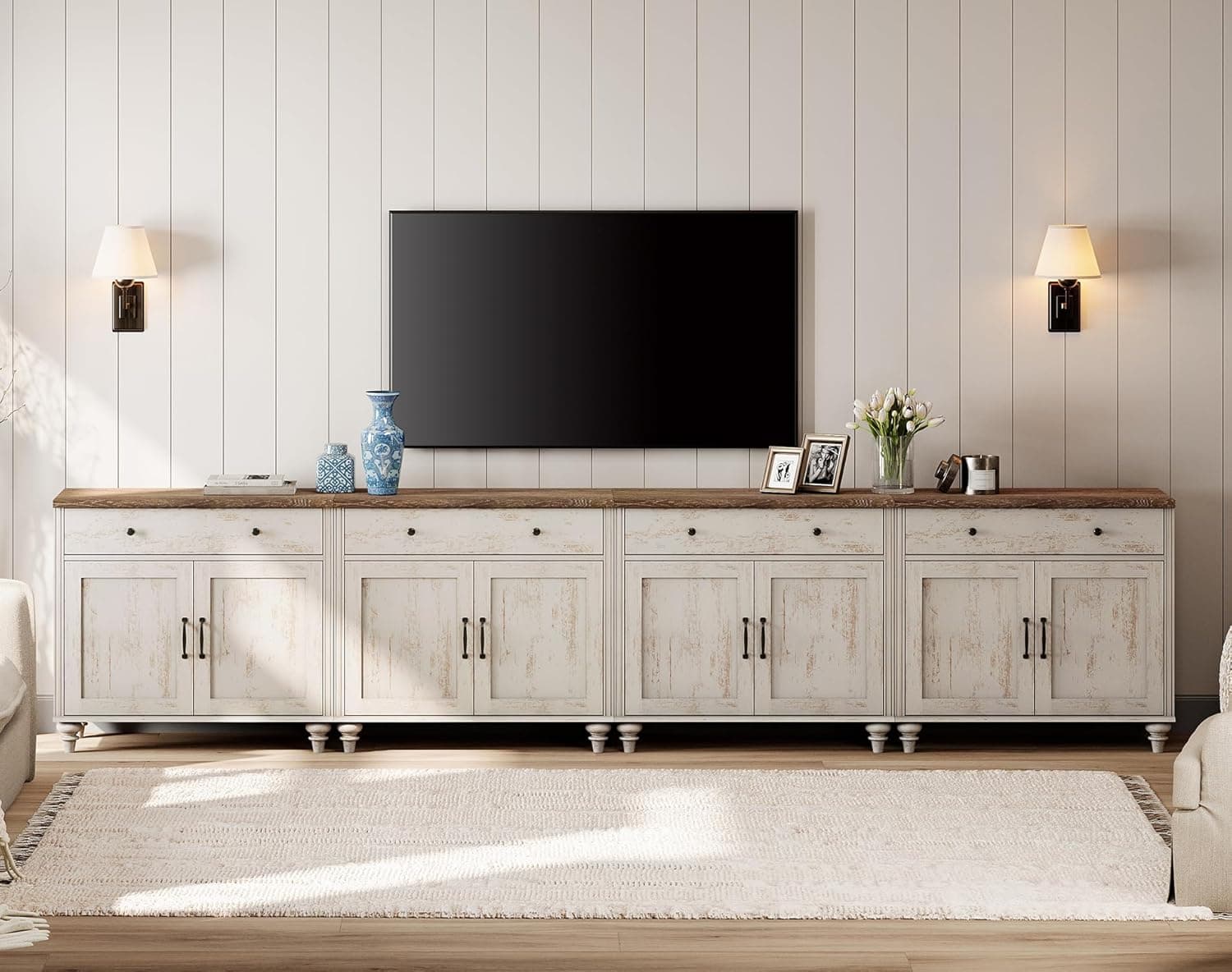 WAMPAT Large TV Stand for 100 inch TV with 8 Doors and 4 Drawers, Farmhouse Wood Universal TV Stand with Storage Cabinets, Entertainment Center TV Console Table for Living Room & Bedroom, Rustic White