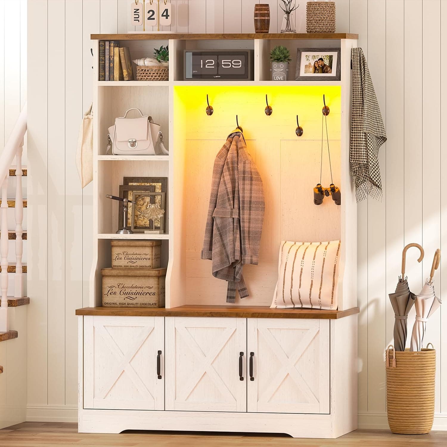 Hall Tree with Bench and Shoe Storage, Farmhouse Entryway Bench with Coat Racks and Led Lights, Tall Hall Tree with 7 Coat Hooks, 6 Storage Cubbies, Adjustable Shelf