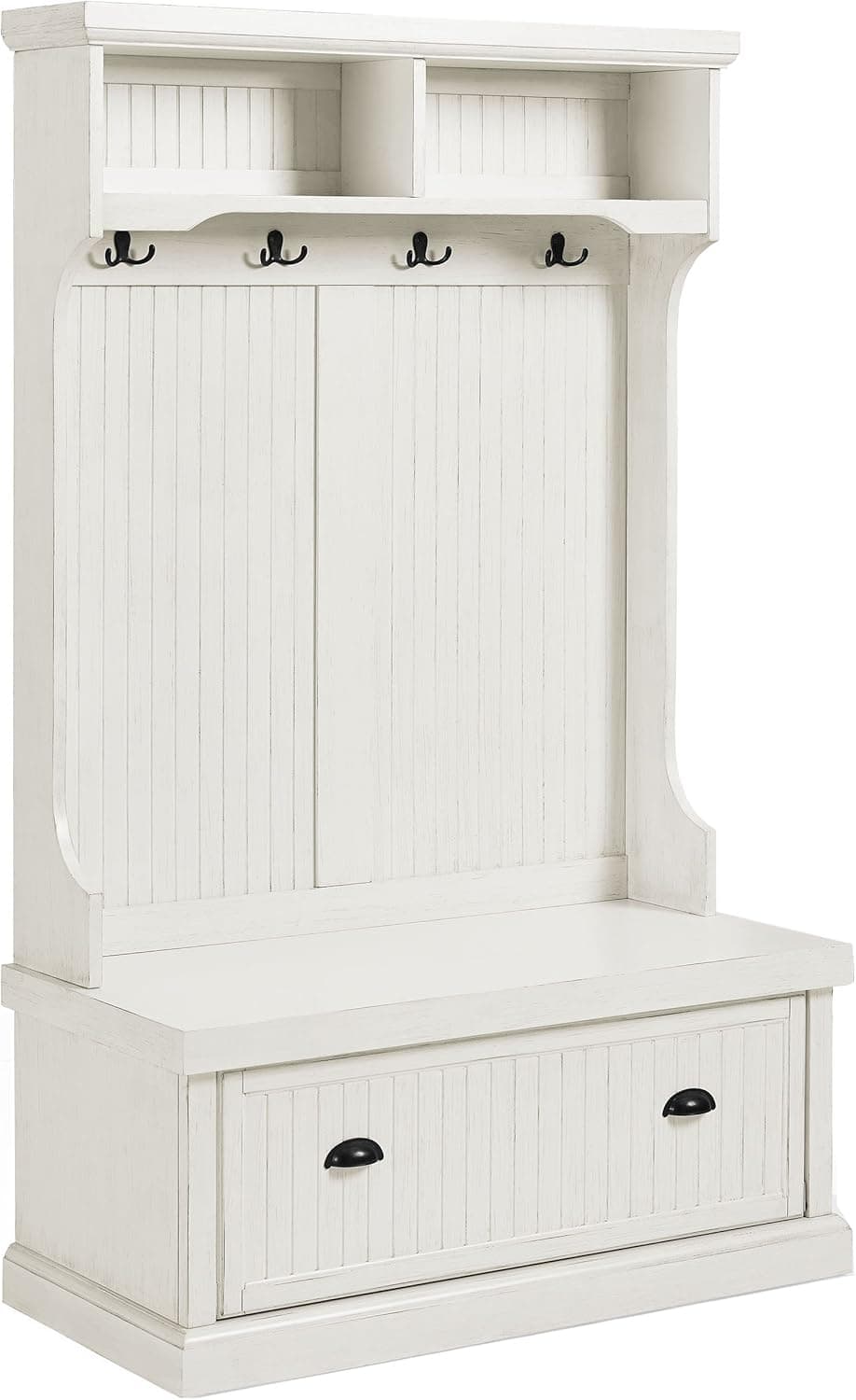 Crosley Furniture Seaside Hall Tree with Shoe Rack Bench and Coat Hooks for Hanging Storage, Distressed White