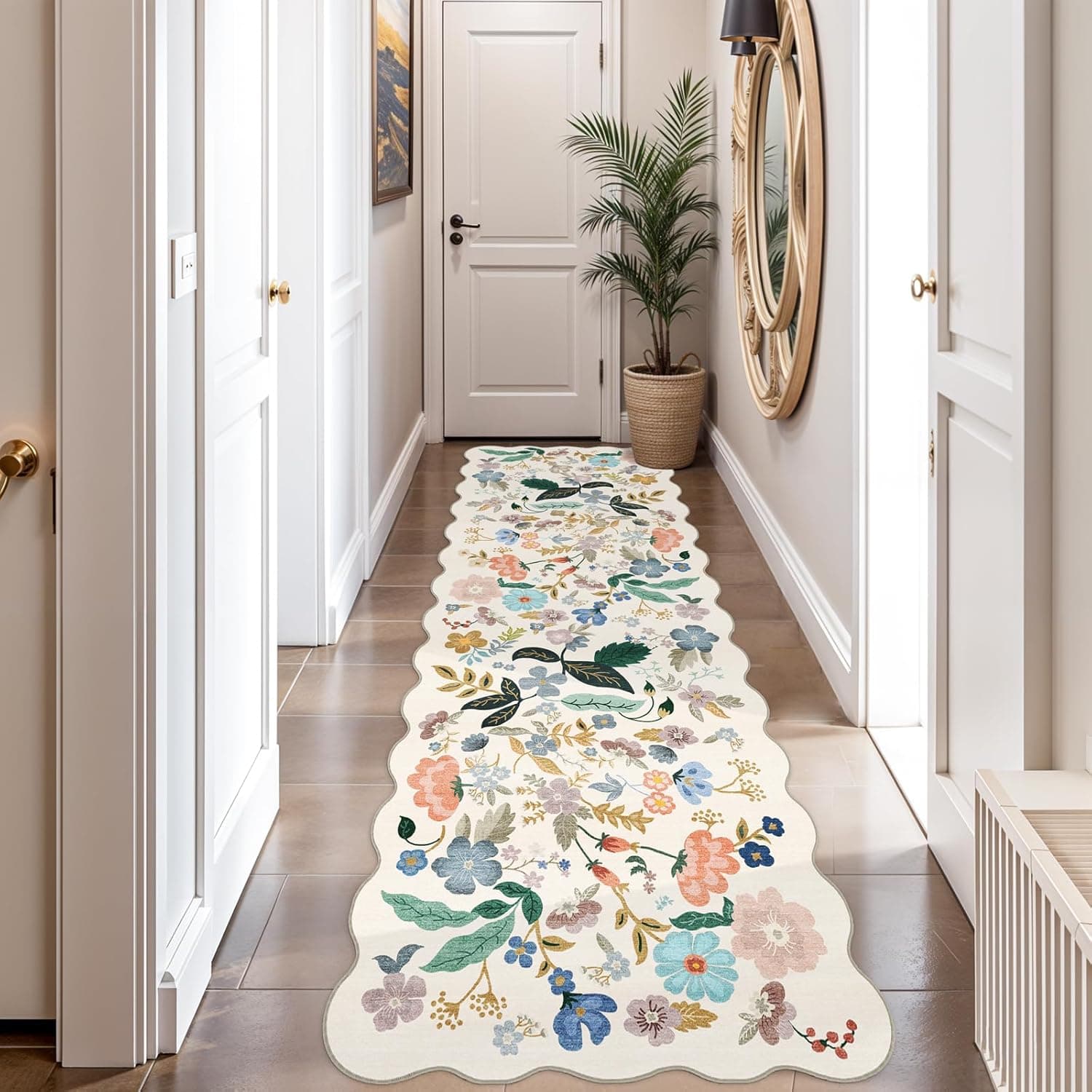2x10 Washable Hallway Runner Rug: Long Floral Scalloped Soft Runners for Kitchen Entry Thin Non Slip Bathroom Nursery Floor Mat Water Resistant Low Pile 10ft Carpet for Living Room Bedroom(2x10,Cream)