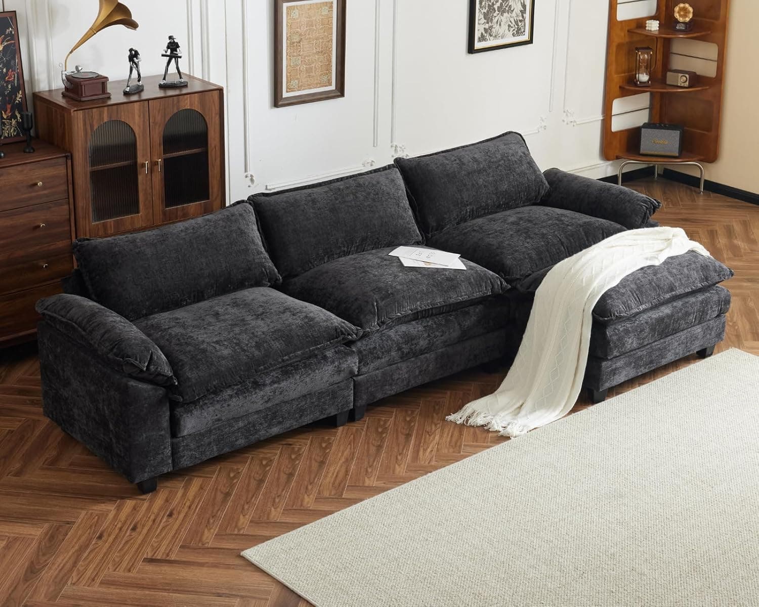 Karl home 122" Sectional Couch 3-Seat Deep Sofa Couch with Ottoman Modern L Shape Sectional Sofa Chenille Upholstered for Living Room, Apartment, Studio, Office, Black