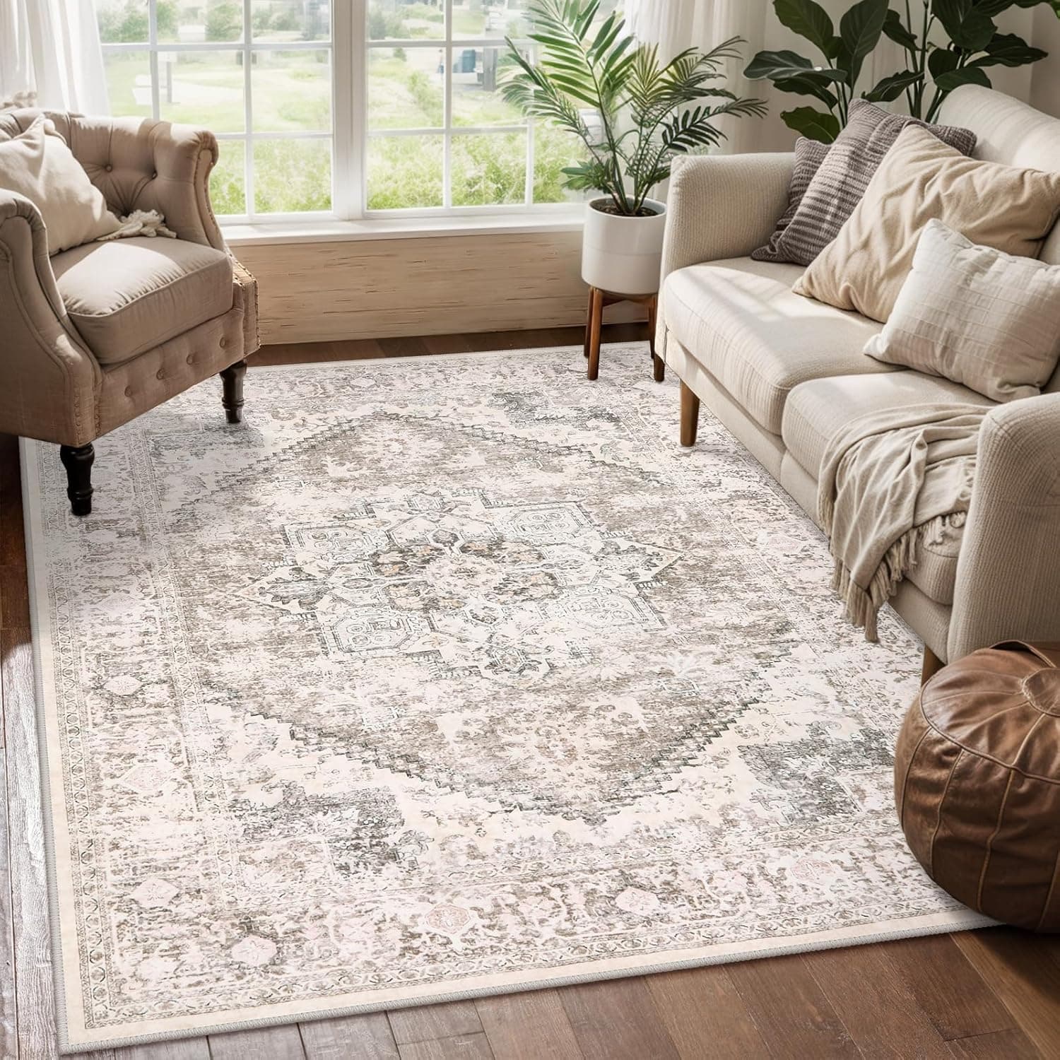 LIVEBOX 5x7 Area Rugs for Living Room, Washable Nursery Beige Neutral Boho Rug, Soft Non-Slip, Low-Pile Vintage Medallion, Retro Faux Wool for Dining Room, Bedroom, Office