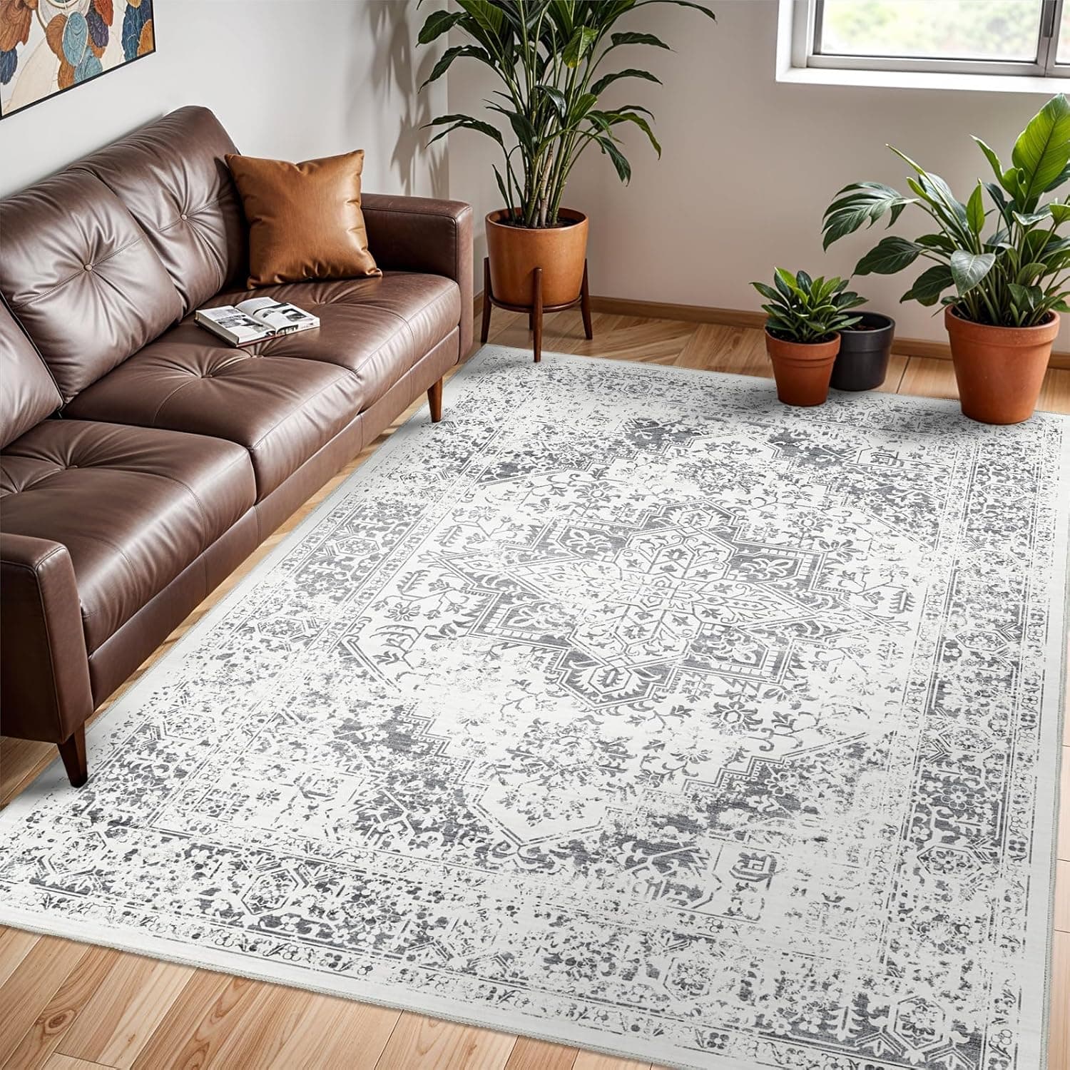 Washable 6x9 Living Room Rug - Vintage Area Rug for Bedroom with Soft Non-Slip Low-Pile Traditional Medallion Indoor Carpet with Stain Resistant Accent Distressed Carpet Thin Rug (Grey)