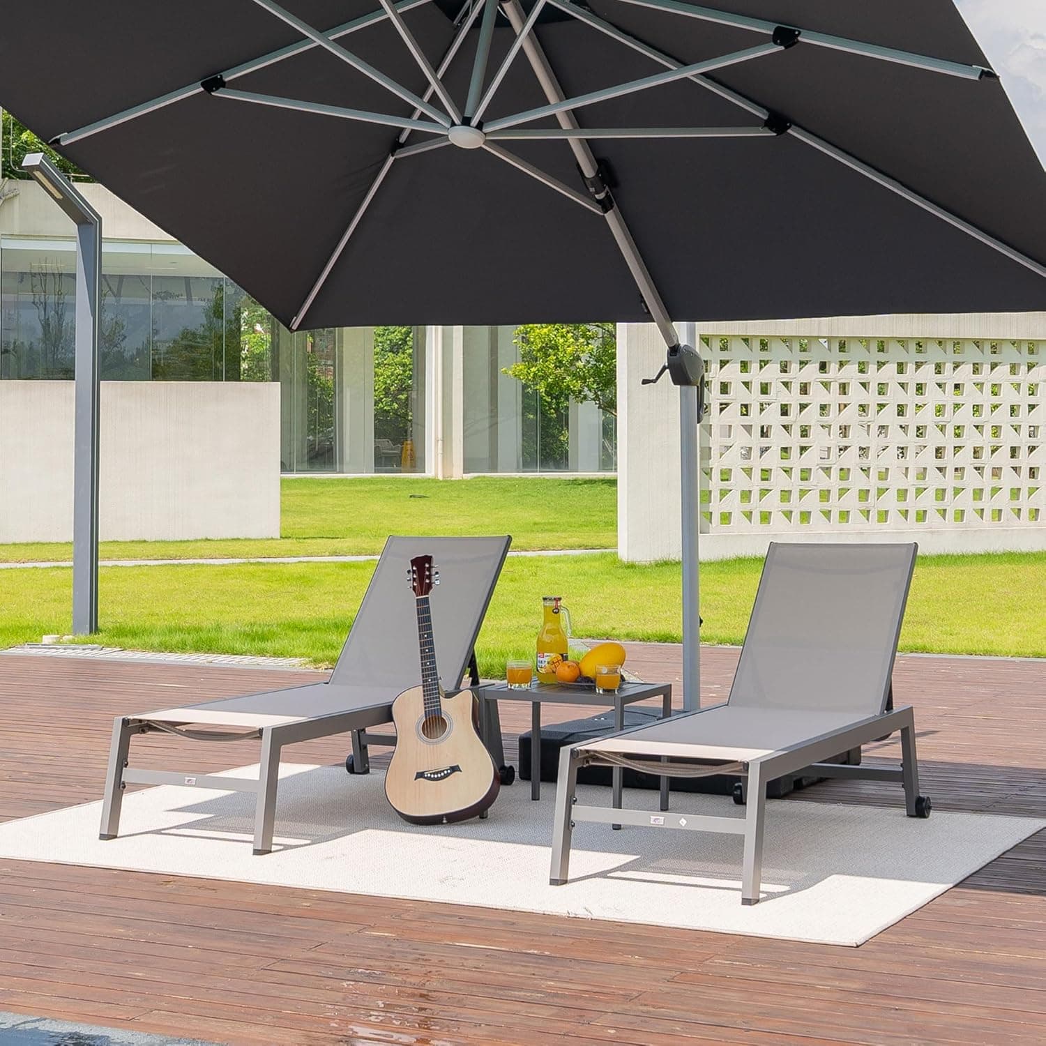 PURPLE LEAF Outdoor Lounge Chair Set for 2 Aluminum Patio Chaise Lounger with Easy-to-Move Wheels and Adjustable Backrest Pool Reclining Lounge Chairs for Beach Yard Poolside Table Included, Khaki