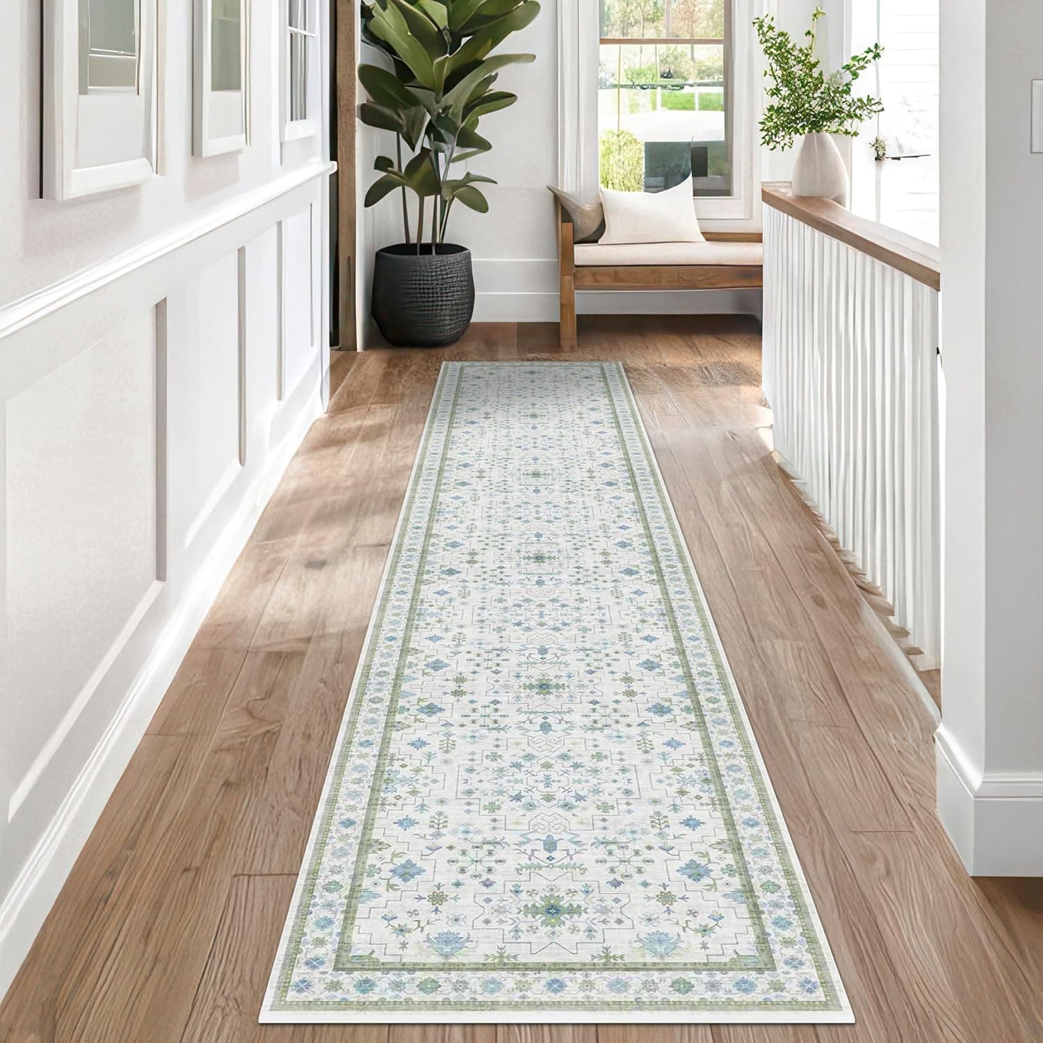 Oushak Runner 2x10 Hallway Rug - Floral Pastel Boho, Washable Low Pile Non Slip Extra Long Runner Rugs for Kitchen, Hall Way - Cream Blue and Green