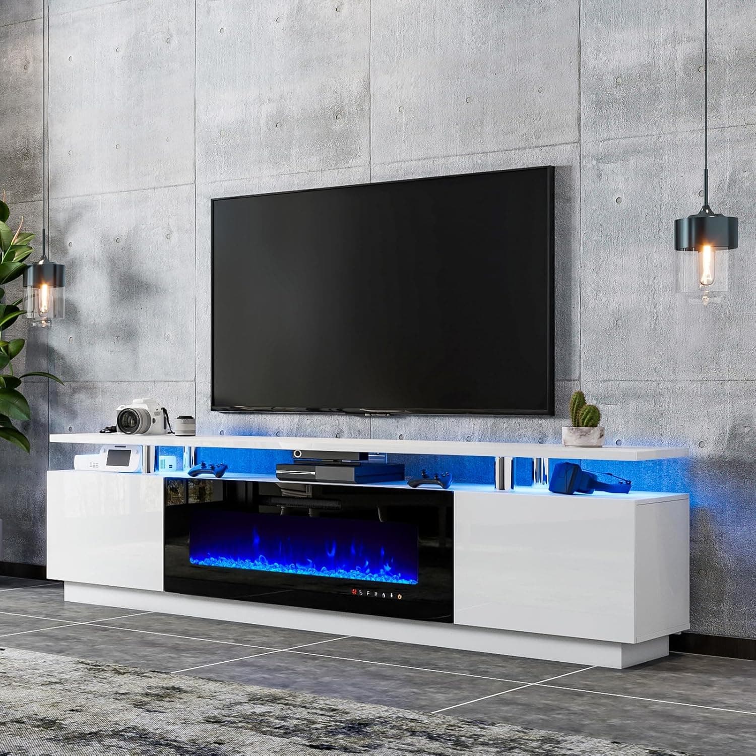 80" Fireplace TV Stand, Modern High Gloss Finish Media Console with 40" Electric Fireplace, Open Storage Entertainment Center for TVs Up to 90" with LED Lights, White