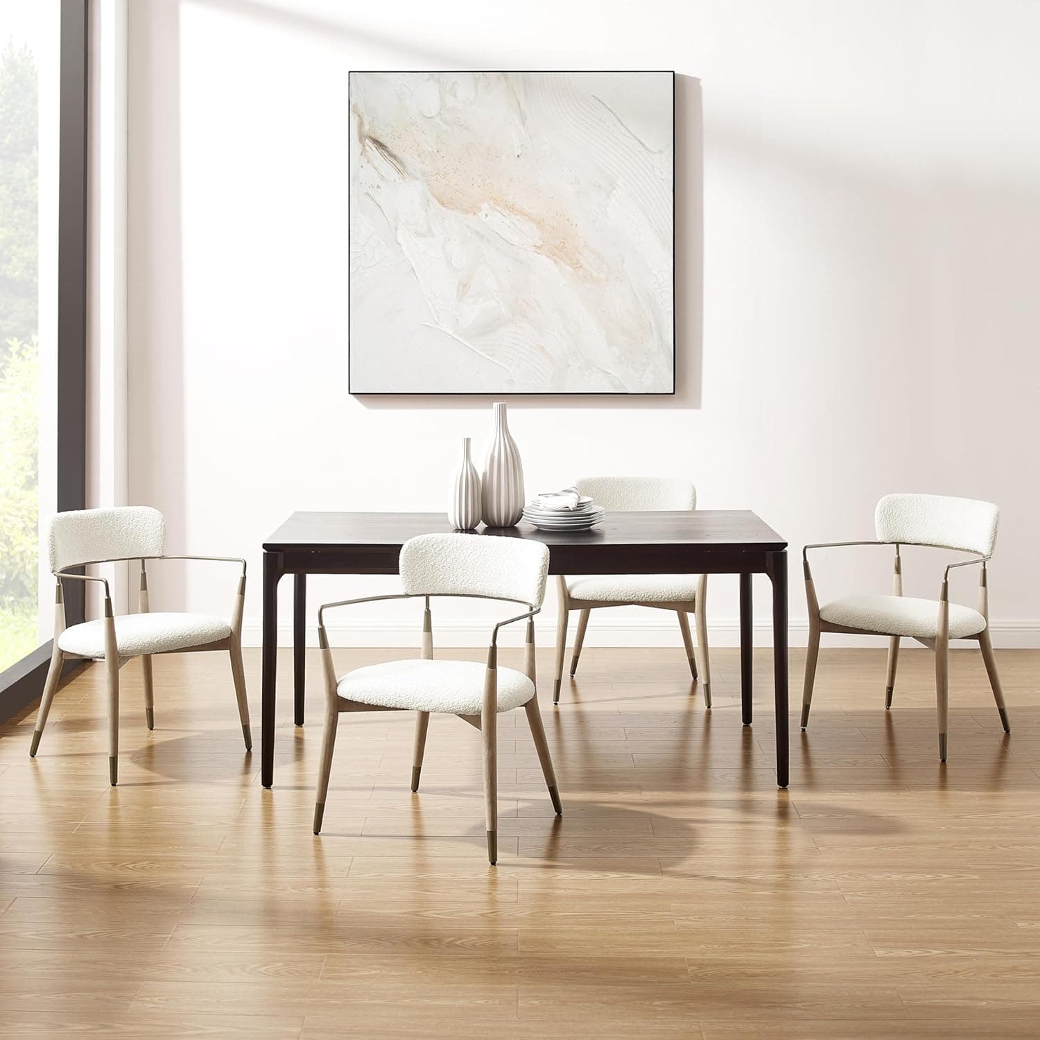 Art Leon Wishbone Dining Chairs - Mid Century Modern Dining Room Chairs, Boucle Fabric Upholstered Accent Chairs with Wood Legs, Arm Chair with Open Backrest, Set of 4, White