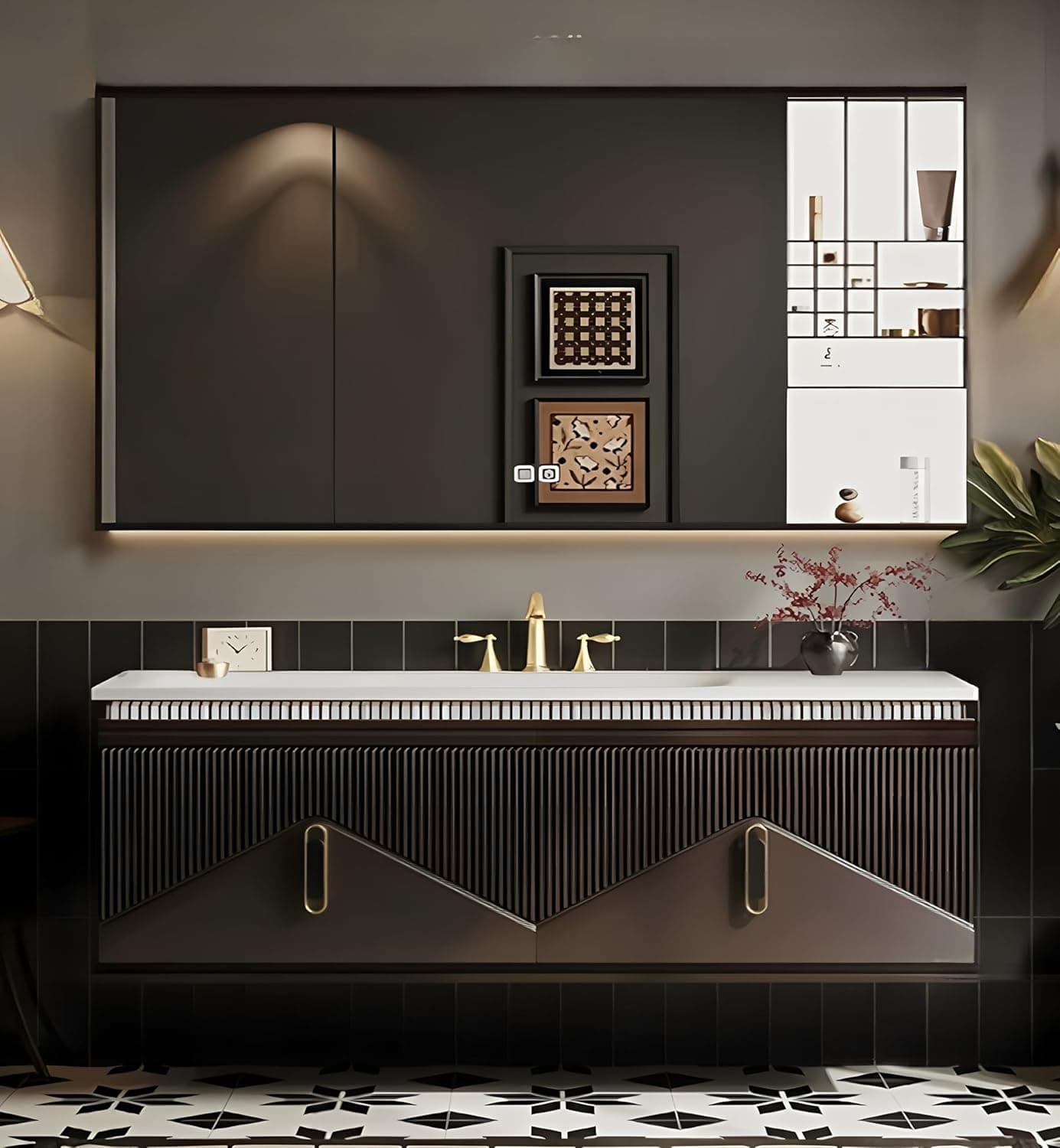 48" Bathroom Vanity with Single Sink, Floating Vanity with Mirror Medicine Cabinet, Wall-Mounted Modern Bathroom Sink Vanity with One-Piece Countertop and Drawers, Oak Wood (Brown)