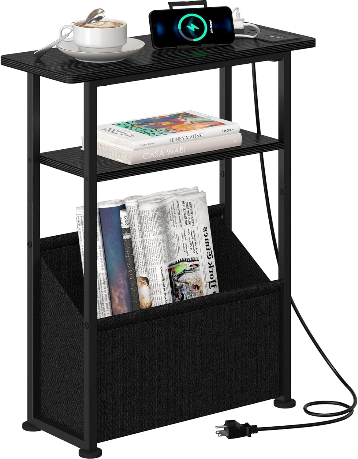 Yusong Narrow Side Table for Small Spaces, Skinny Charging End Table with Storage Basket, 3 Tier Slim Sofa Couch Bedside Table, Thin Nightstand for Bedroom, Living Room, Black