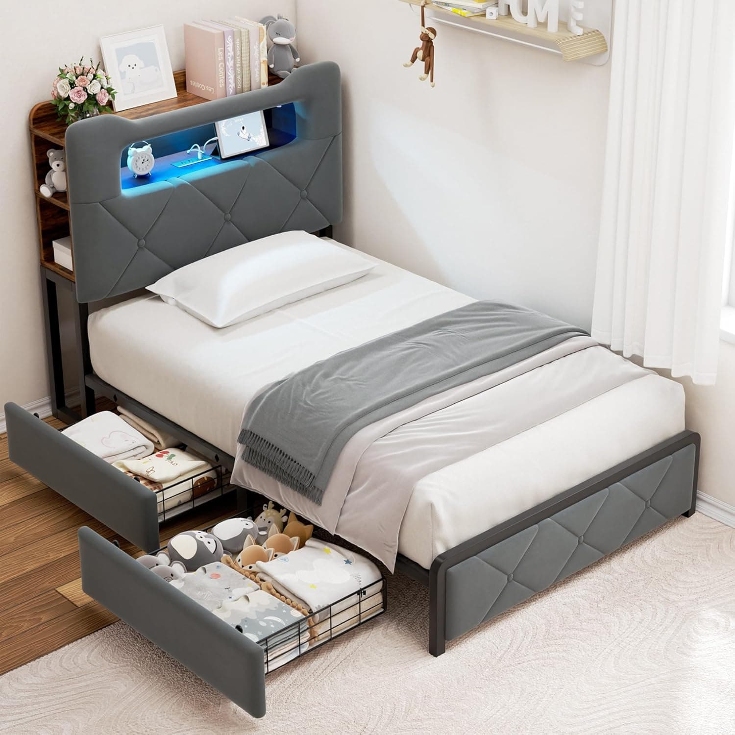 Twin Upholstered LED Bed Frame with 2 Storage Drawers and 2-Tier Storage Bookcase Headboard, Velvet Platform Bed for Kids/Girls/Boys, Heavy Duty Metal Support, No Box Spring Needed, Grey